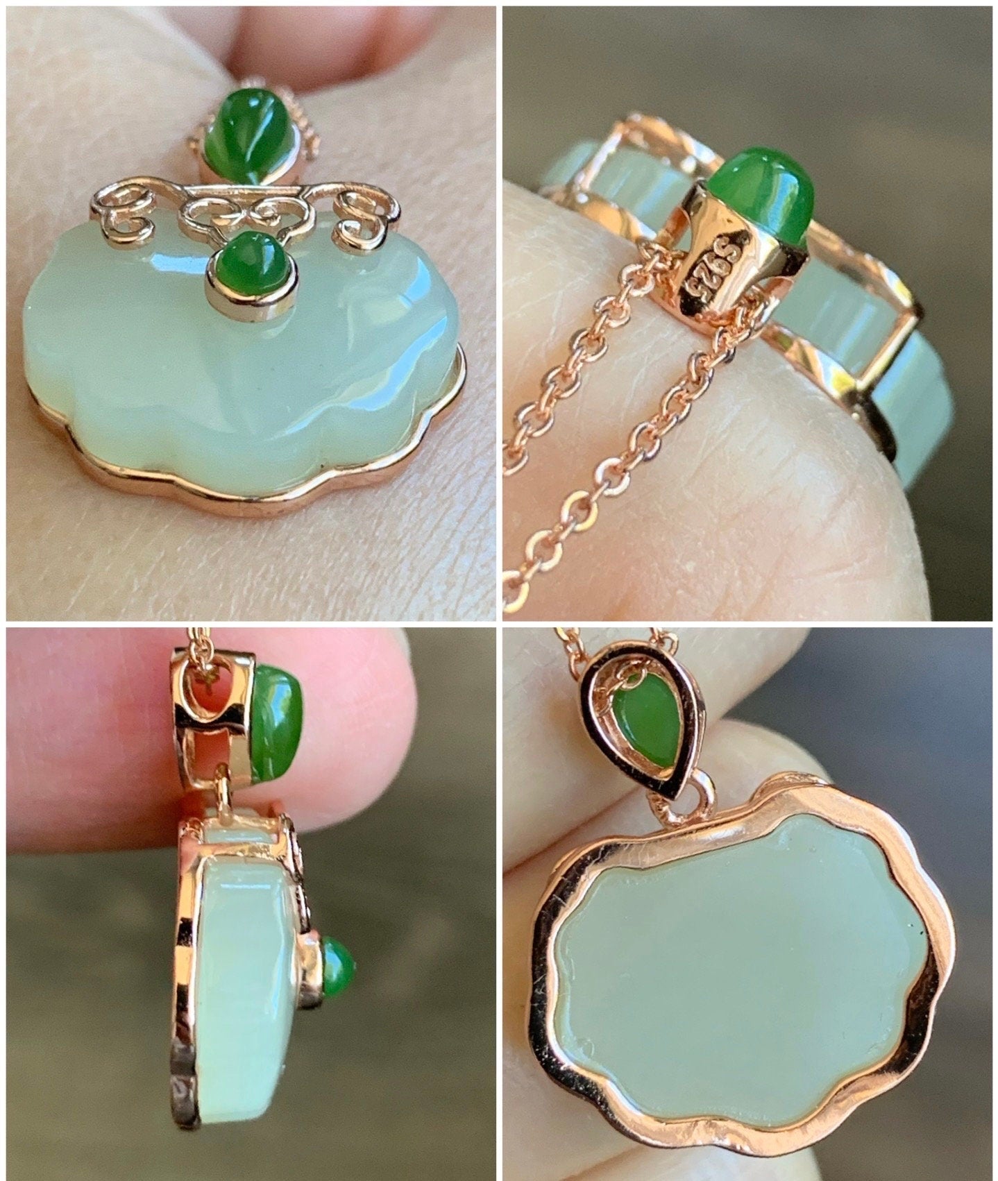 Certified Natural White & Green Nephrite Hetian Jade Ruyi Blessing Amulet Pendant S925 Sterling Silver Rose Gold Finish 天然和田玉碧玉如意吊坠银镶工艺