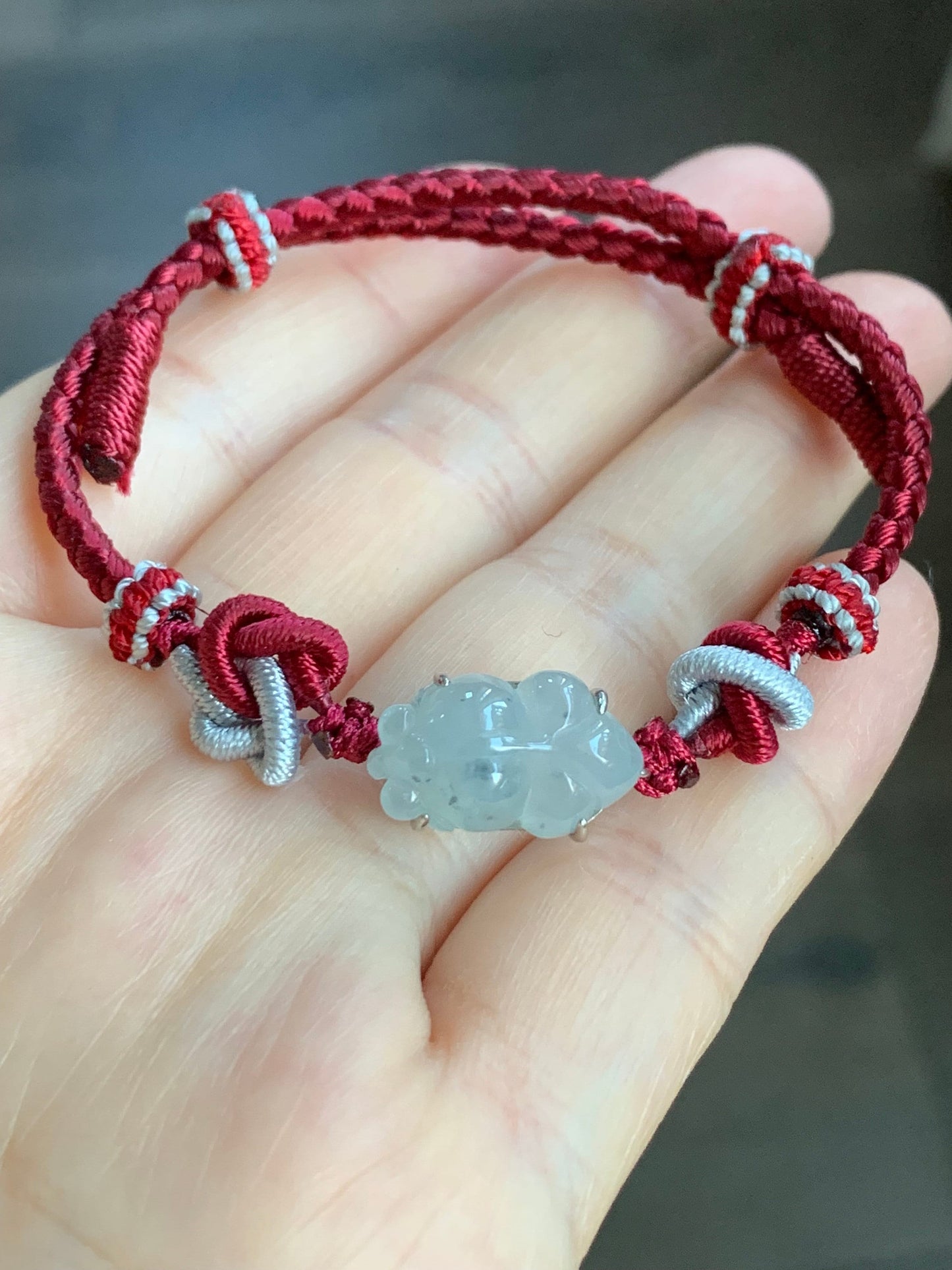 Natural Burmese Icy Translucent Gelatinous Jadeite w/ Wuji Marbling Carved Goldfish Rope Bracelet adjustable Sterling Silver 天然缅甸冰乌鸡翡翠金鱼手绳