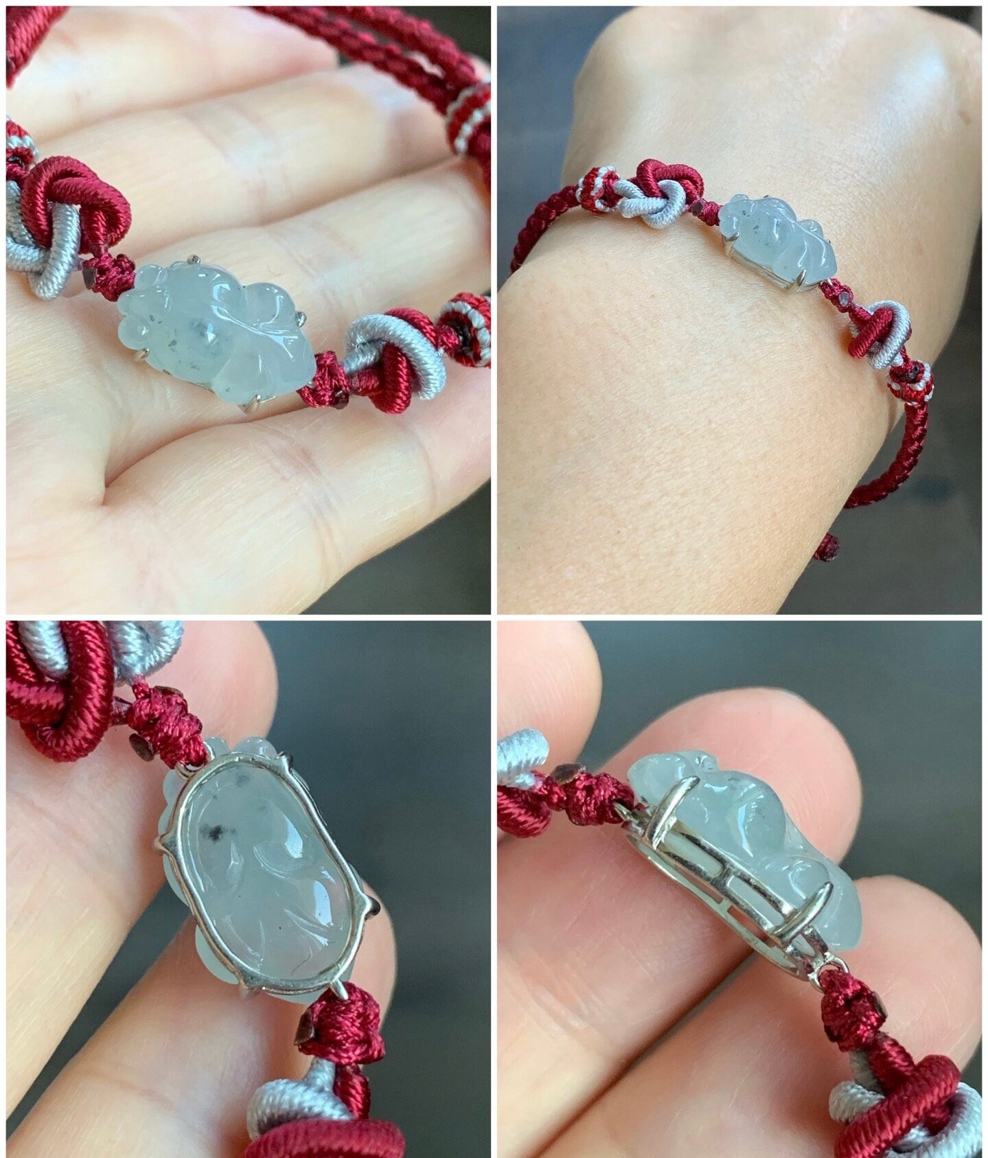 Natural Burmese Icy Translucent Gelatinous Jadeite w/ Wuji Marbling Carved Goldfish Rope Bracelet adjustable Sterling Silver 天然缅甸冰乌鸡翡翠金鱼手绳