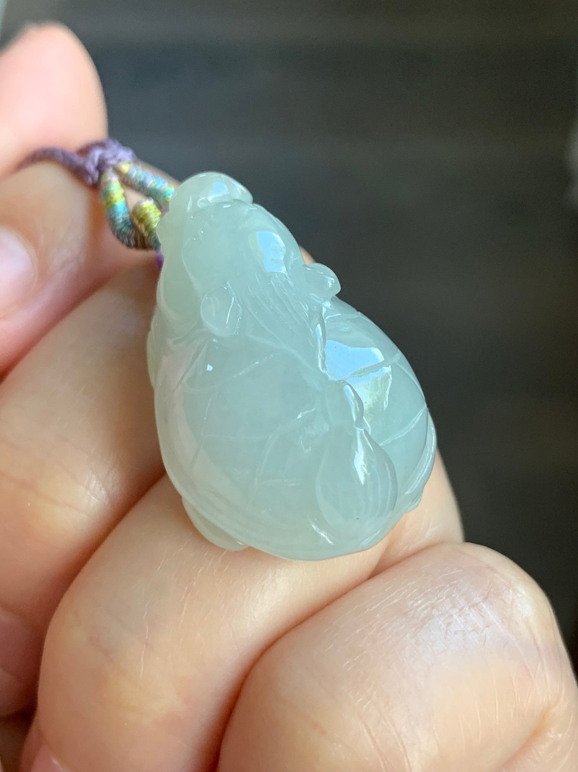 Natural Burmese Icy Pale Light Green Jadeite Carved Dragon Turtle Pendant Rope Necklace 24” Adjustable 天然缅甸冰糯淡晴底翡翠精工龙龟吊坠