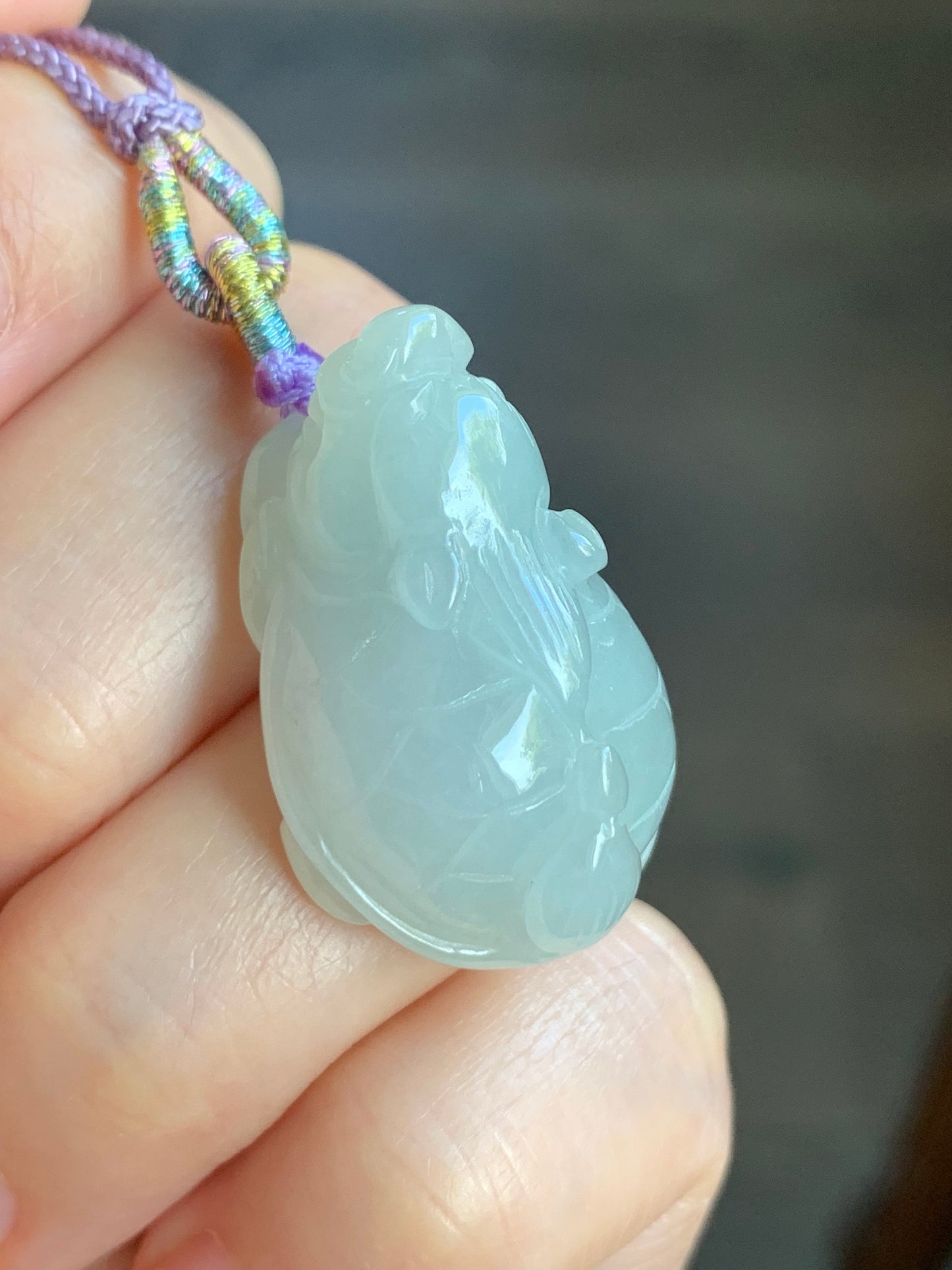 Natural Burmese Icy Pale Light Green Jadeite Carved Dragon Turtle Pendant Rope Necklace 24” Adjustable 天然缅甸冰糯淡晴底翡翠精工龙龟吊坠