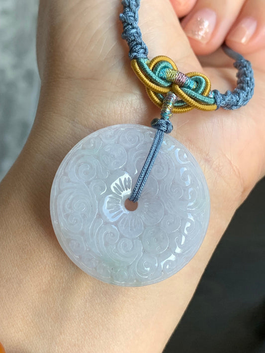 Large Natural Burmese Icy Light Purple Jadeite Retro Engraved Ping An Kou Donut Pendant Rope Necklace 26” Adjustable 天然缅甸冰糯淡紫翡翠平安扣吊坠项链 B