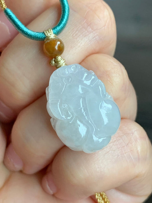 Natural Burmese Translucent & Gelatinous Icy White Jadeite Pixiu Pendant Rope Necklace 24" Adjustable 天然缅甸白冰胶翡翠貔貅吊坠项链