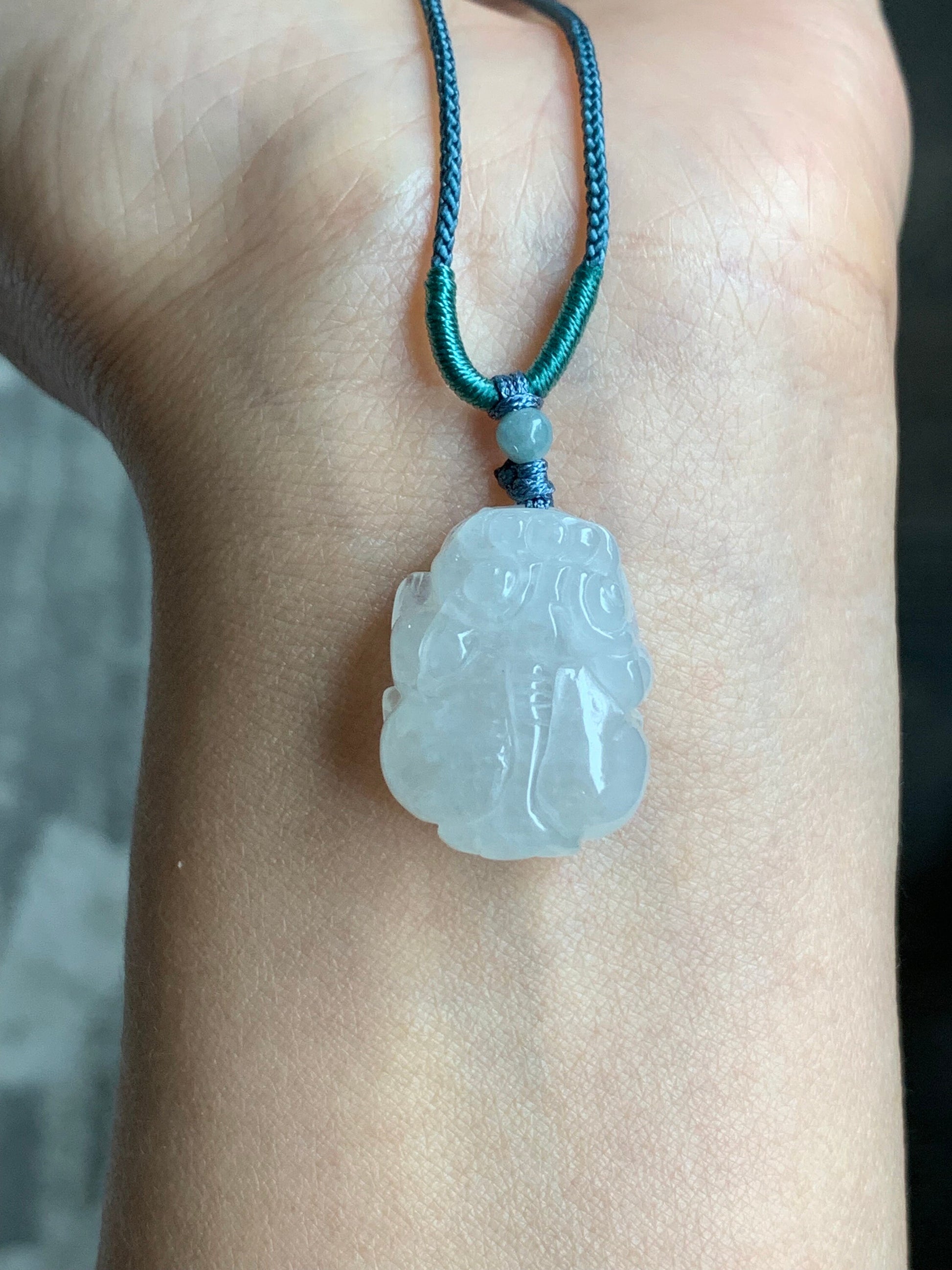 Natural Burmese Translucent & Gelatinous Icy White Jadeite Pixiu Pendant Rope Necklace 24" Adjustable 天然缅甸白冰胶翡翠貔貅吊坠项链