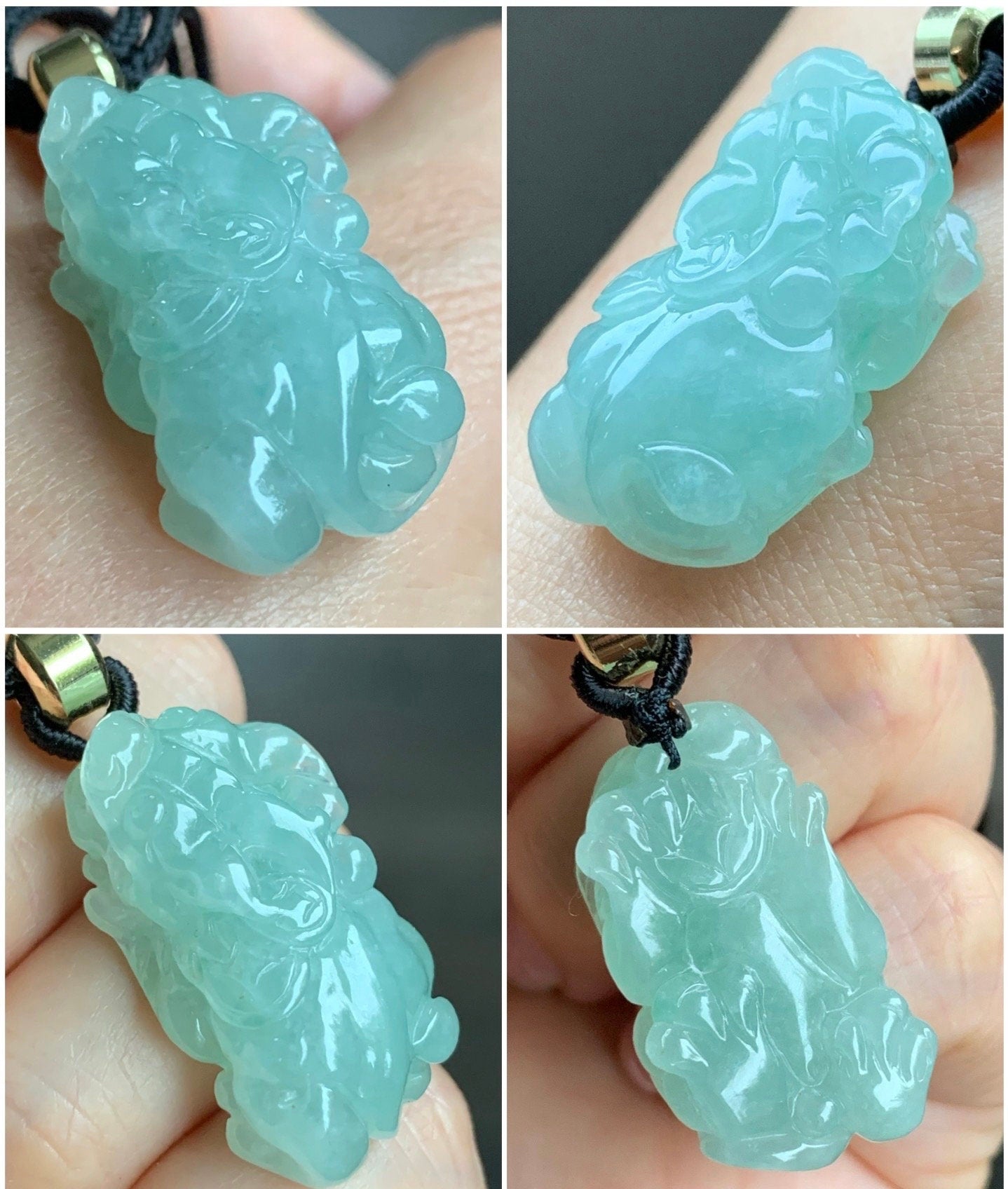 Natural Burmese Icy Translucent Gelatinous Light Green Jadeite Carved Pixiu Pendant Rope Necklace 25” Adjustable 天然缅甸冰晴绿翡翠貔貅吊坠项链