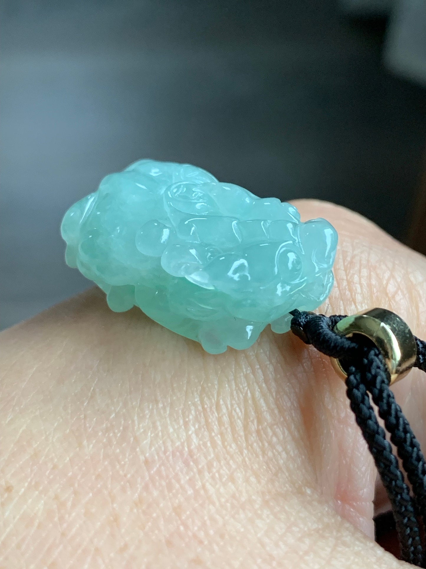 Natural Burmese Icy Translucent Gelatinous Light Green Jadeite Carved Pixiu Pendant Rope Necklace 25” Adjustable 天然缅甸冰晴绿翡翠貔貅吊坠项链