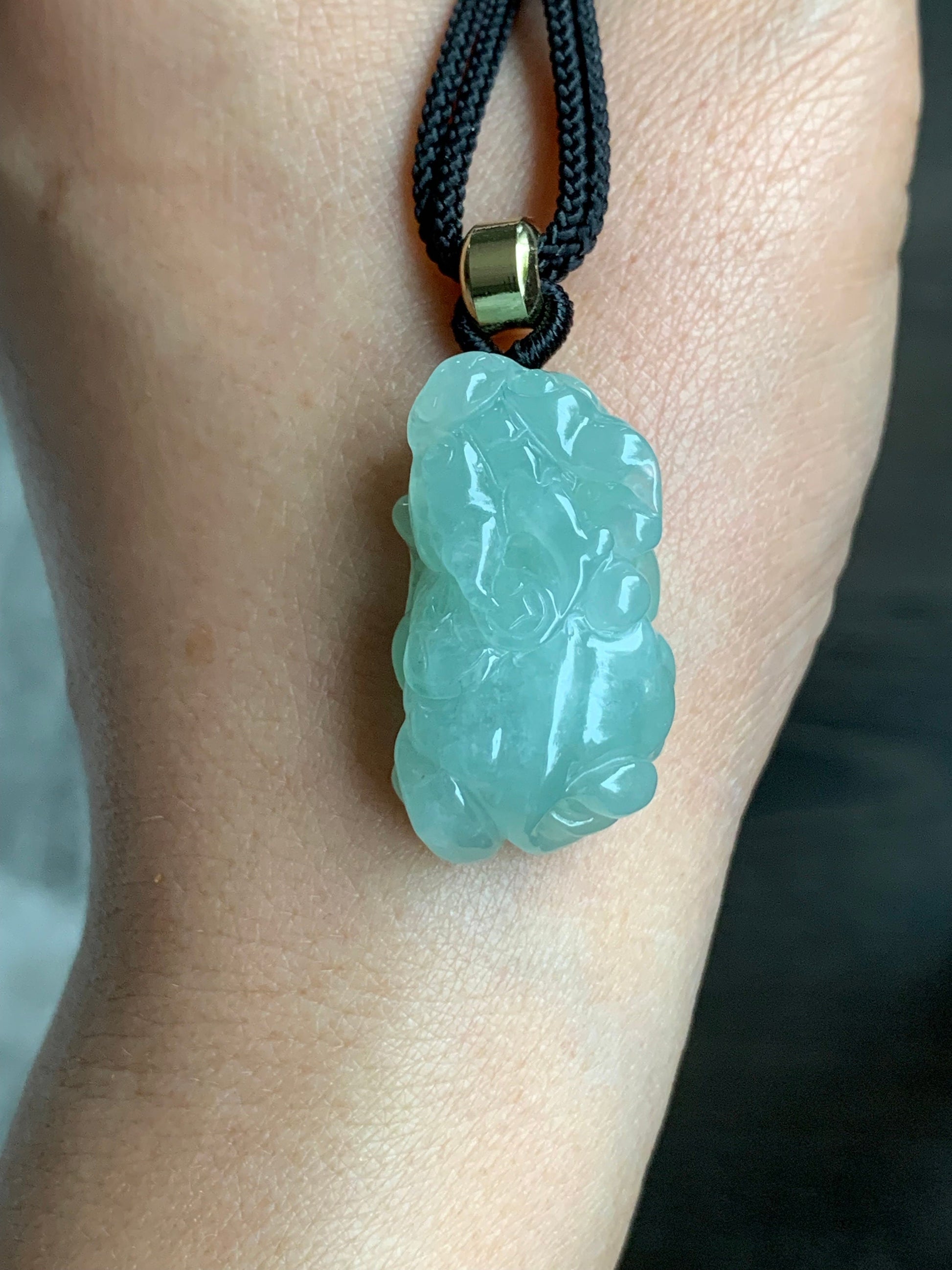 Natural Burmese Icy Translucent Gelatinous Light Green Jadeite Carved Pixiu Pendant Rope Necklace 25” Adjustable 天然缅甸冰晴绿翡翠貔貅吊坠项链