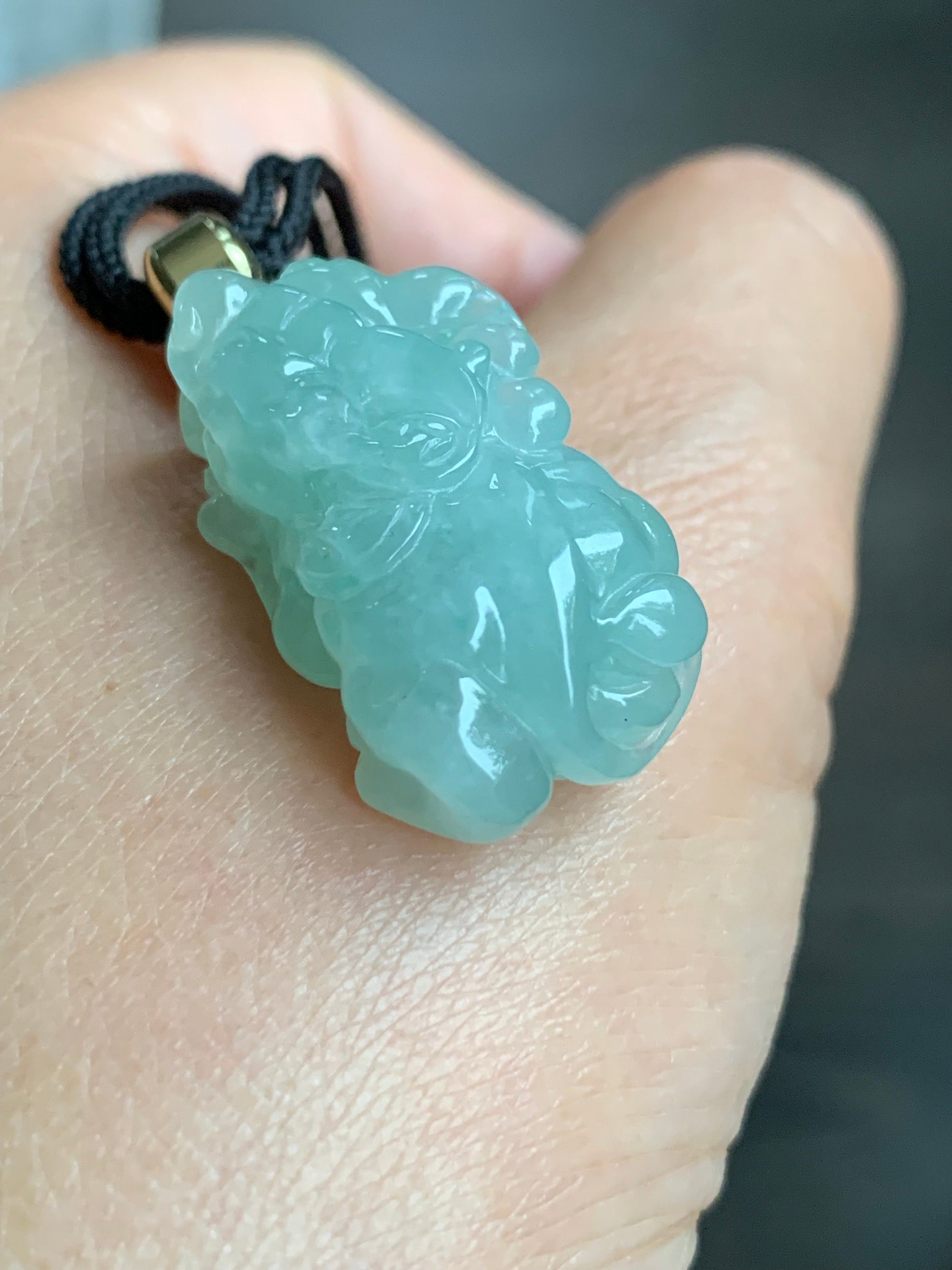 Natural Burmese Icy Translucent Gelatinous Light Green Jadeite Carved Pixiu Pendant Rope Necklace 25” Adjustable 天然缅甸冰晴绿翡翠貔貅吊坠项链