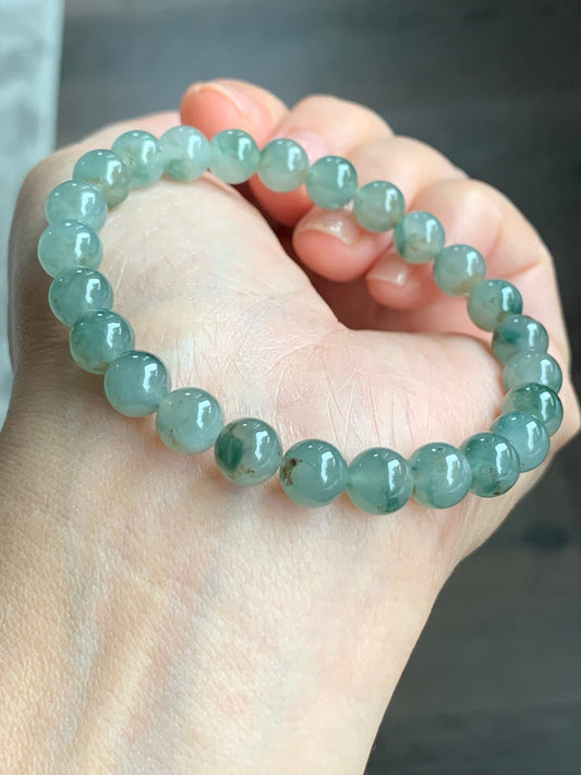 Natural Burmese Icy Highly Translucent Gelatinou Light Green Jadeite w/ Green Marbling Beaded Bracelet 7.5mm 7.25” 天然缅甸冰晴飘花翡翠圆珠手串 QPH420