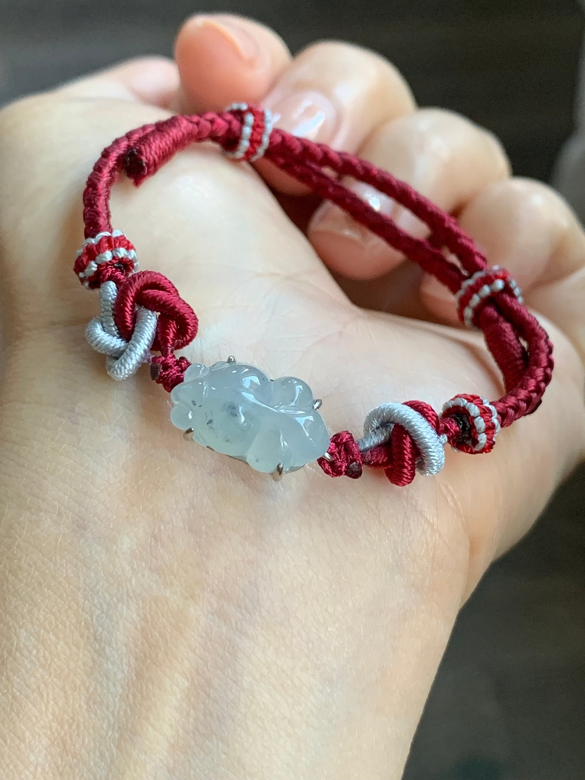 Natural Burmese Icy Translucent Gelatinous Jadeite w/ Wuji Marbling Carved Goldfish Rope Bracelet adjustable Sterling Silver 天然缅甸冰乌鸡翡翠金鱼手绳