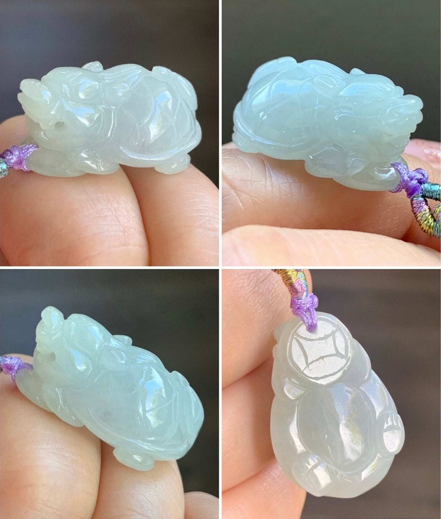 Natural Burmese Icy Pale Light Green Jadeite Carved Dragon Turtle Pendant Rope Necklace 24” Adjustable 天然缅甸冰糯淡晴底翡翠精工龙龟吊坠