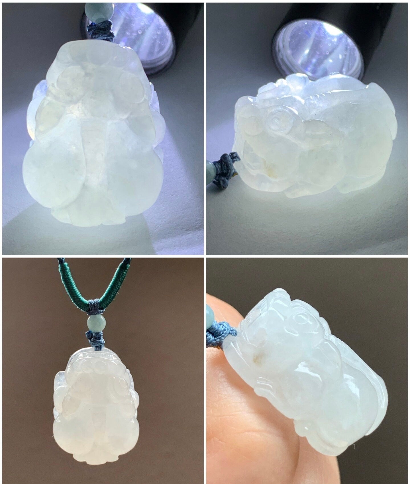 Natural Burmese Translucent & Gelatinous Icy White Jadeite Pixiu Pendant Rope Necklace 24" Adjustable 天然缅甸白冰胶翡翠貔貅吊坠项链