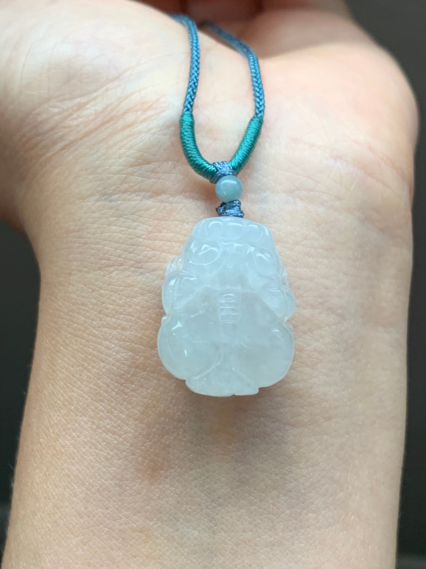 Natural Burmese Translucent & Gelatinous Icy White Jadeite Pixiu Pendant Rope Necklace 24" Adjustable 天然缅甸白冰胶翡翠貔貅吊坠项链