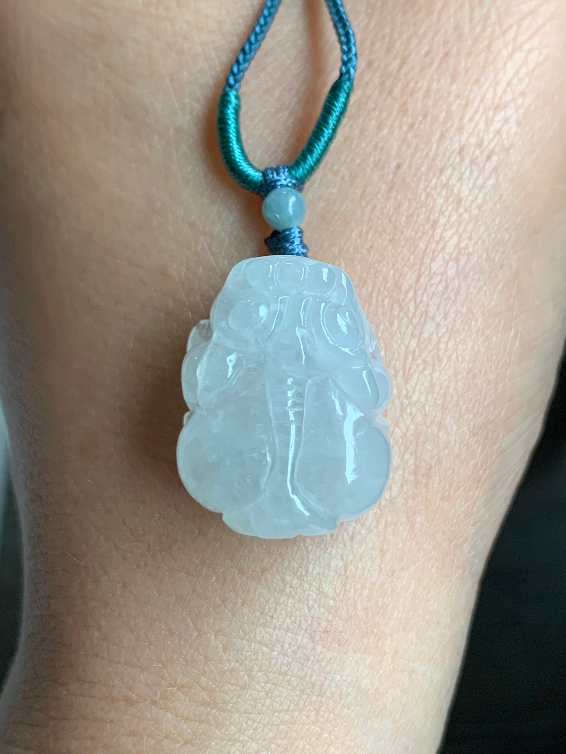 Natural Burmese Translucent & Gelatinous Icy White Jadeite Pixiu Pendant Rope Necklace 24" Adjustable 天然缅甸白冰胶翡翠貔貅吊坠项链