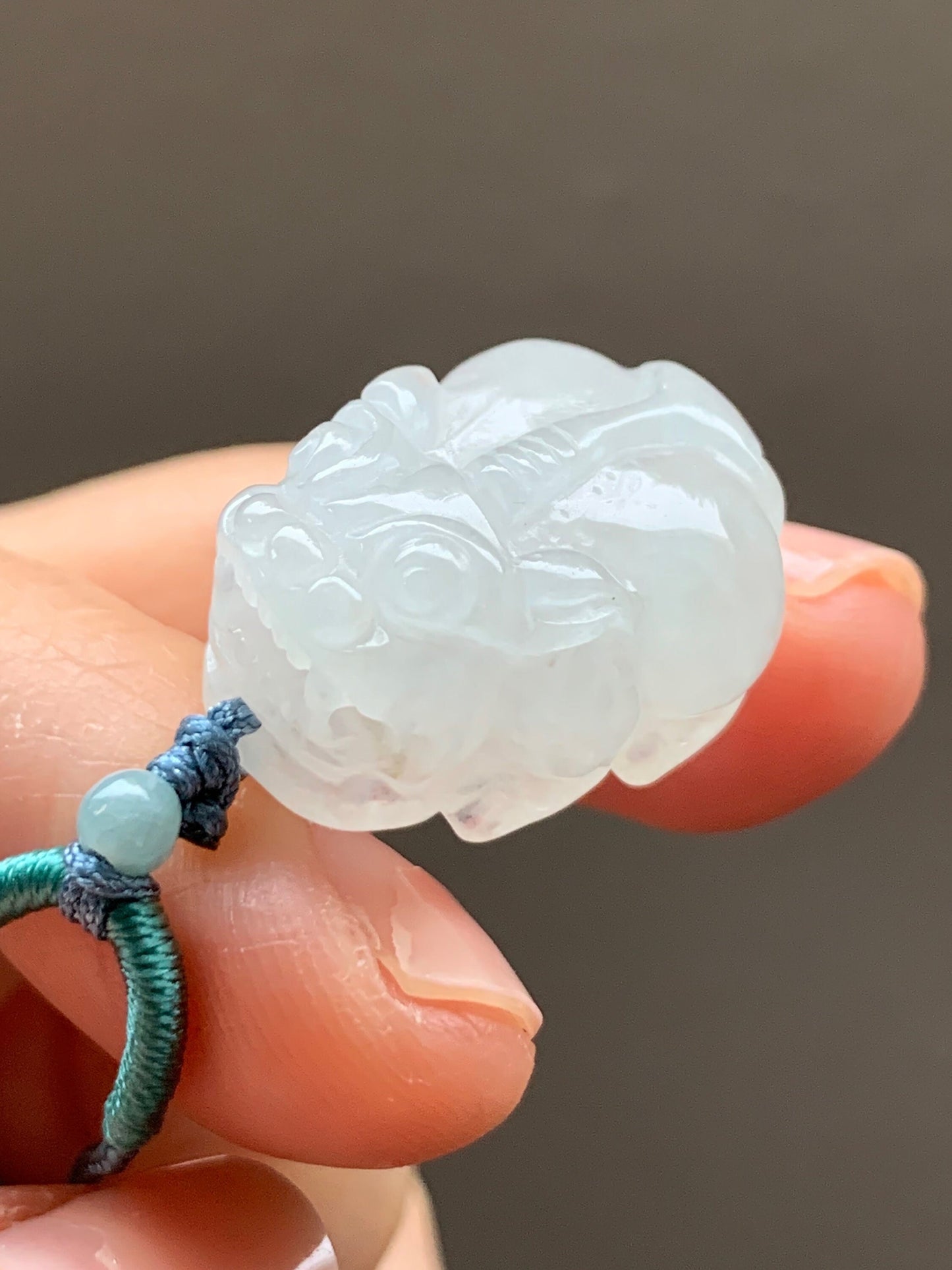 Natural Burmese Translucent & Gelatinous Icy White Jadeite Pixiu Pendant Rope Necklace 24" Adjustable 天然缅甸白冰胶翡翠貔貅吊坠项链