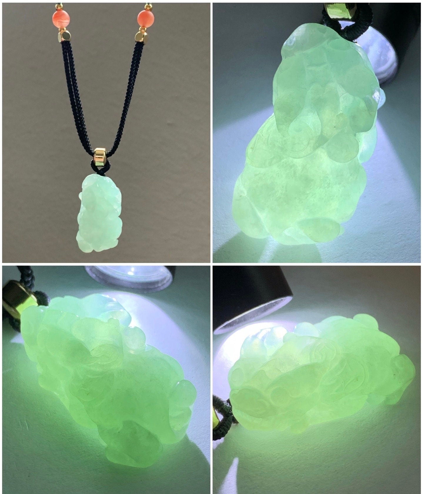 Natural Burmese Icy Translucent Gelatinous Light Green Jadeite Carved Pixiu Pendant Rope Necklace 25” Adjustable 天然缅甸冰晴绿翡翠貔貅吊坠项链