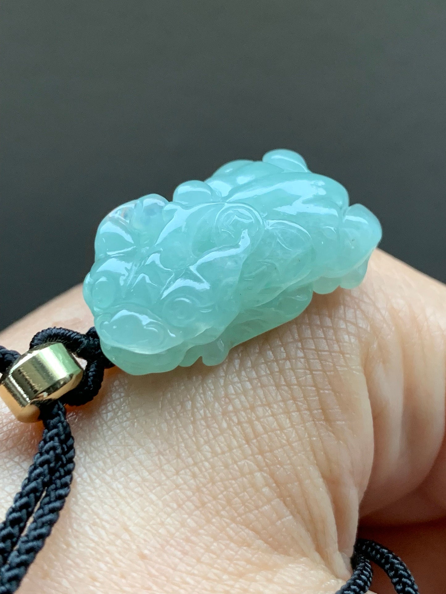 Natural Burmese Icy Translucent Gelatinous Light Green Jadeite Carved Pixiu Pendant Rope Necklace 25” Adjustable 天然缅甸冰晴绿翡翠貔貅吊坠项链