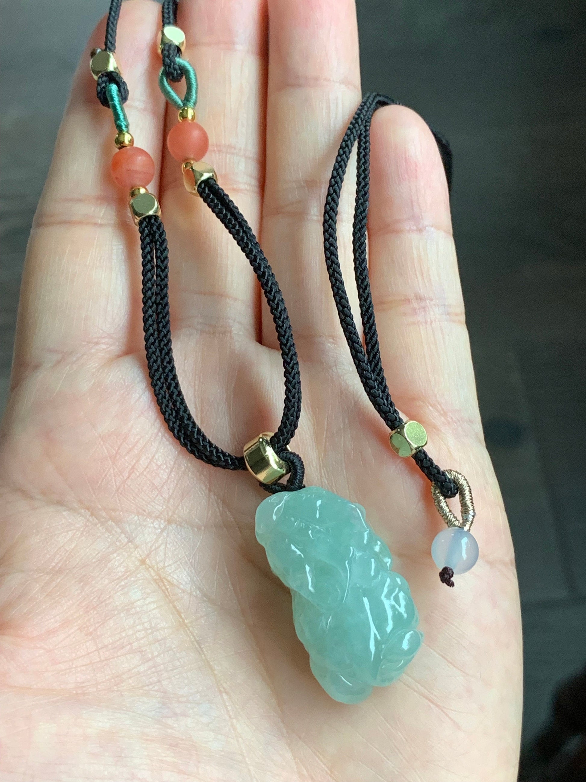 Natural Burmese Icy Translucent Gelatinous Light Green Jadeite Carved Pixiu Pendant Rope Necklace 25” Adjustable 天然缅甸冰晴绿翡翠貔貅吊坠项链