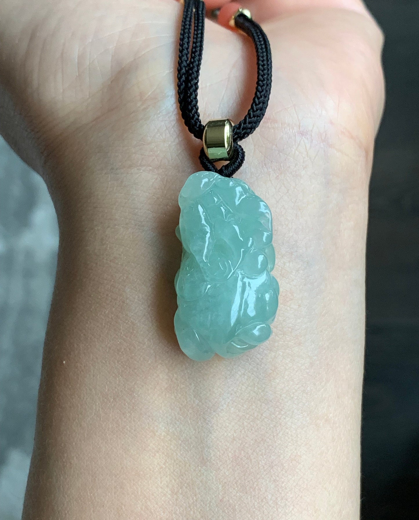 Natural Burmese Icy Translucent Gelatinous Light Green Jadeite Carved Pixiu Pendant Rope Necklace 25” Adjustable 天然缅甸冰晴绿翡翠貔貅吊坠项链