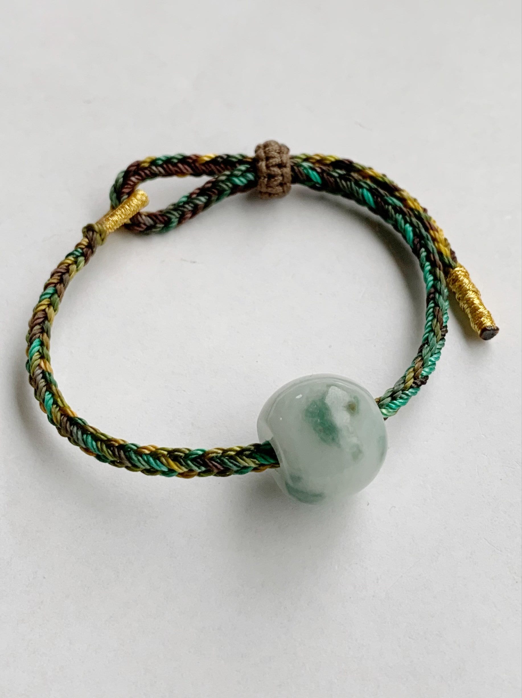 Natural Burmese Translucent White Jadeite w/ Green Marbling Large Drum Bead Rope Bracelet Adjustable 天然缅甸细糯飘花翡翠大鼓珠手绳