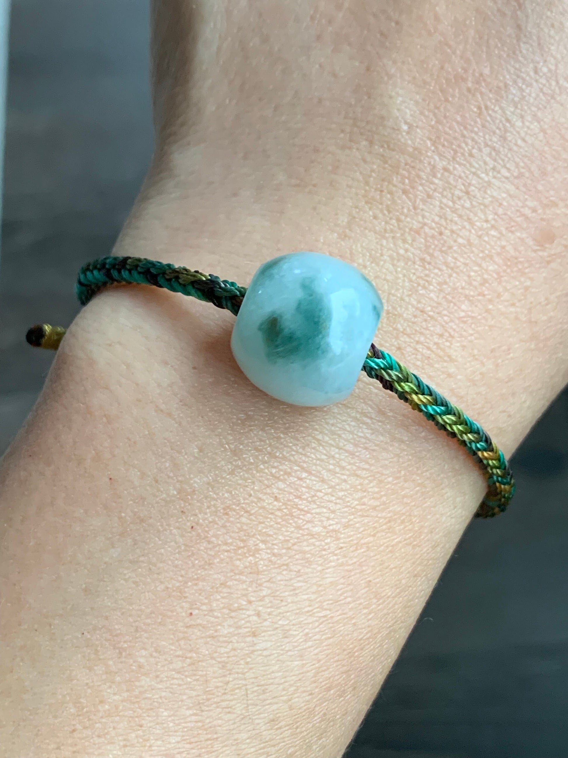 Natural Burmese Translucent White Jadeite w/ Green Marbling Large Drum Bead Rope Bracelet Adjustable 天然缅甸细糯飘花翡翠大鼓珠手绳