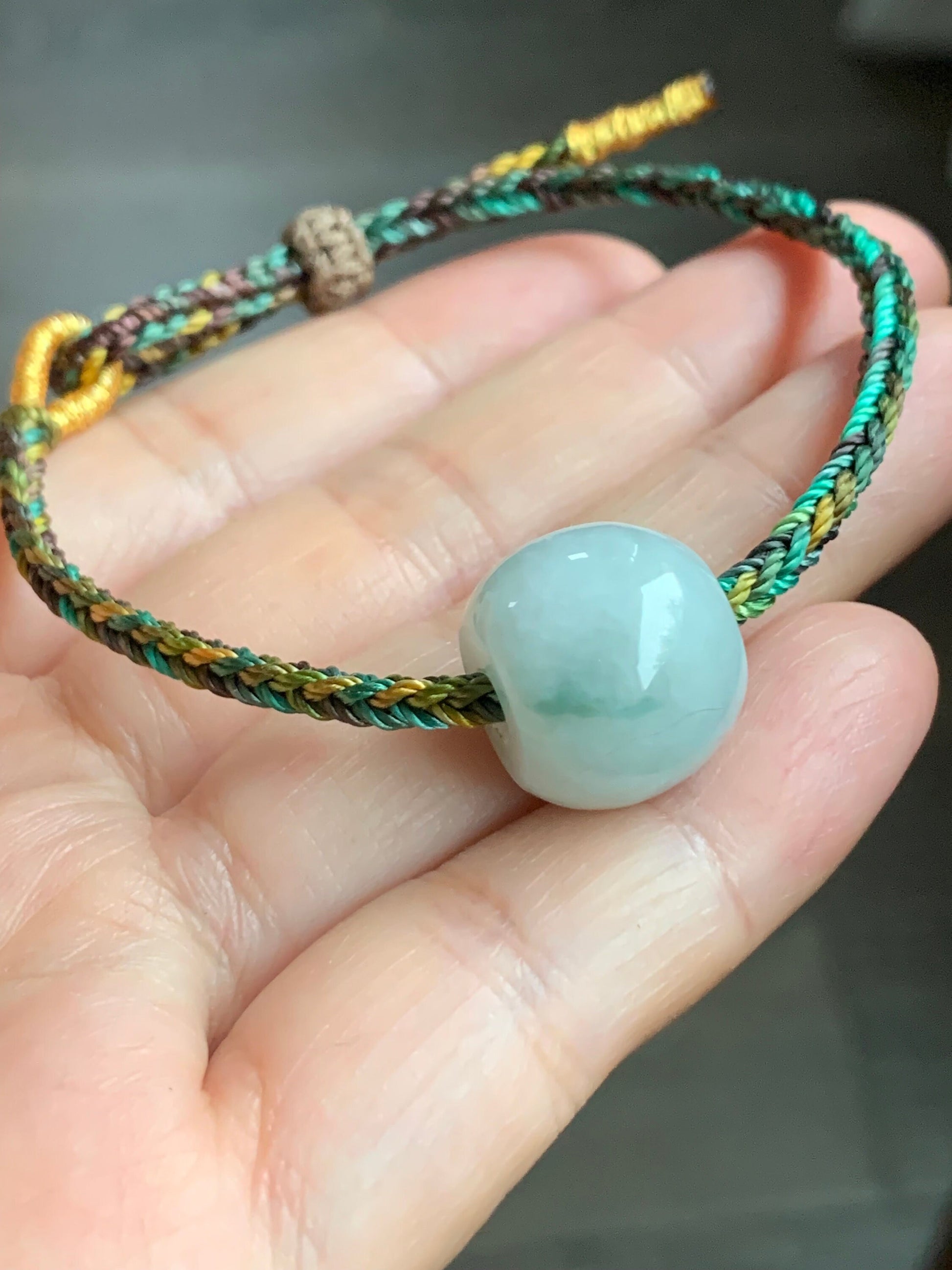 Natural Burmese Translucent White Jadeite w/ Green Marbling Large Drum Bead Rope Bracelet Adjustable 天然缅甸细糯飘花翡翠大鼓珠手绳