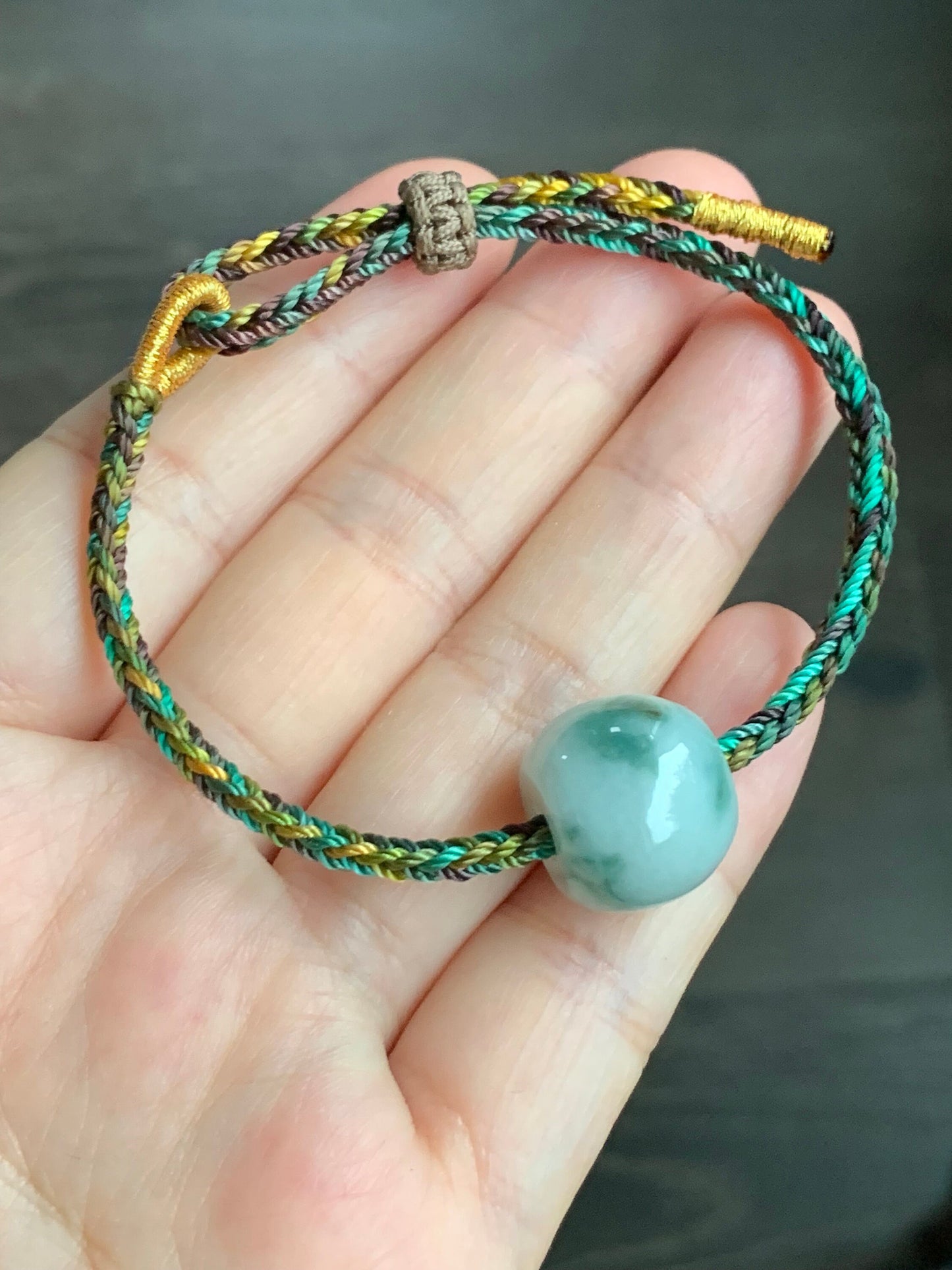 Natural Burmese Translucent White Jadeite w/ Green Marbling Large Drum Bead Rope Bracelet Adjustable 天然缅甸细糯飘花翡翠大鼓珠手绳