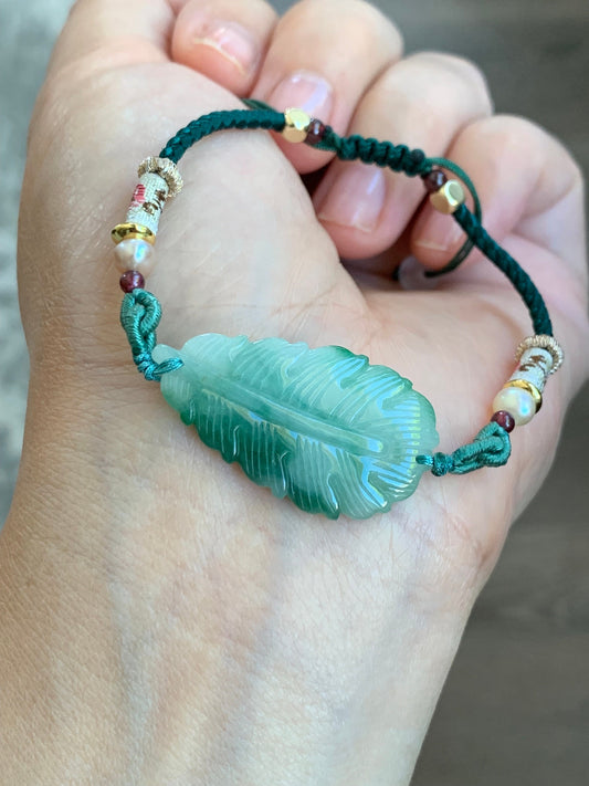 Natural Burmese Icy Translucent Light Green Jadeite w/ Intense Green Marbling Carved Feather Rope Bracelet 6.5” Adjustable 天然缅甸糯冰晴底飘花翡翠羽毛手绳