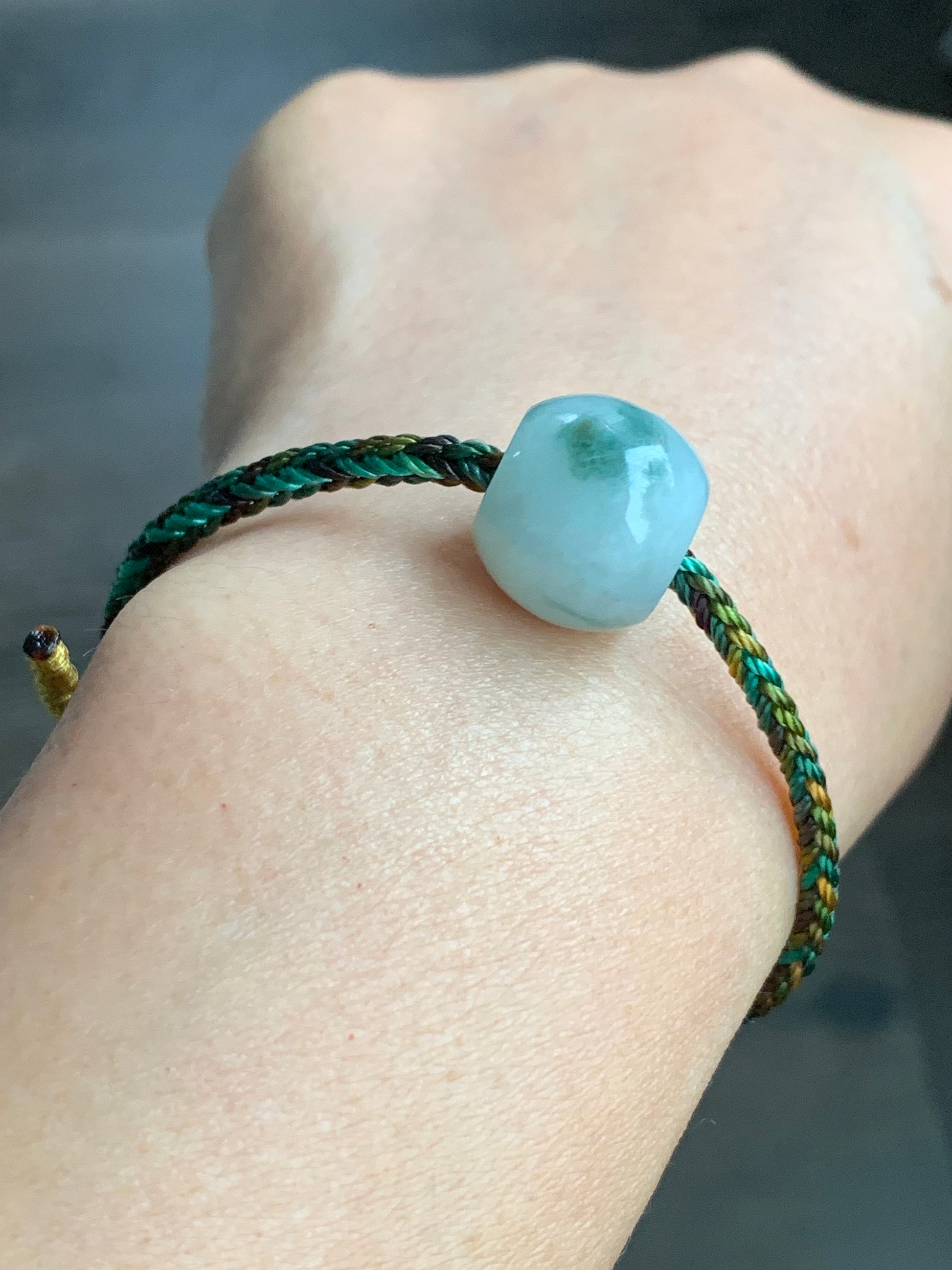 Natural Burmese Translucent White Jadeite w/ Green Marbling Large Drum Bead Rope Bracelet Adjustable 天然缅甸细糯飘花翡翠大鼓珠手绳