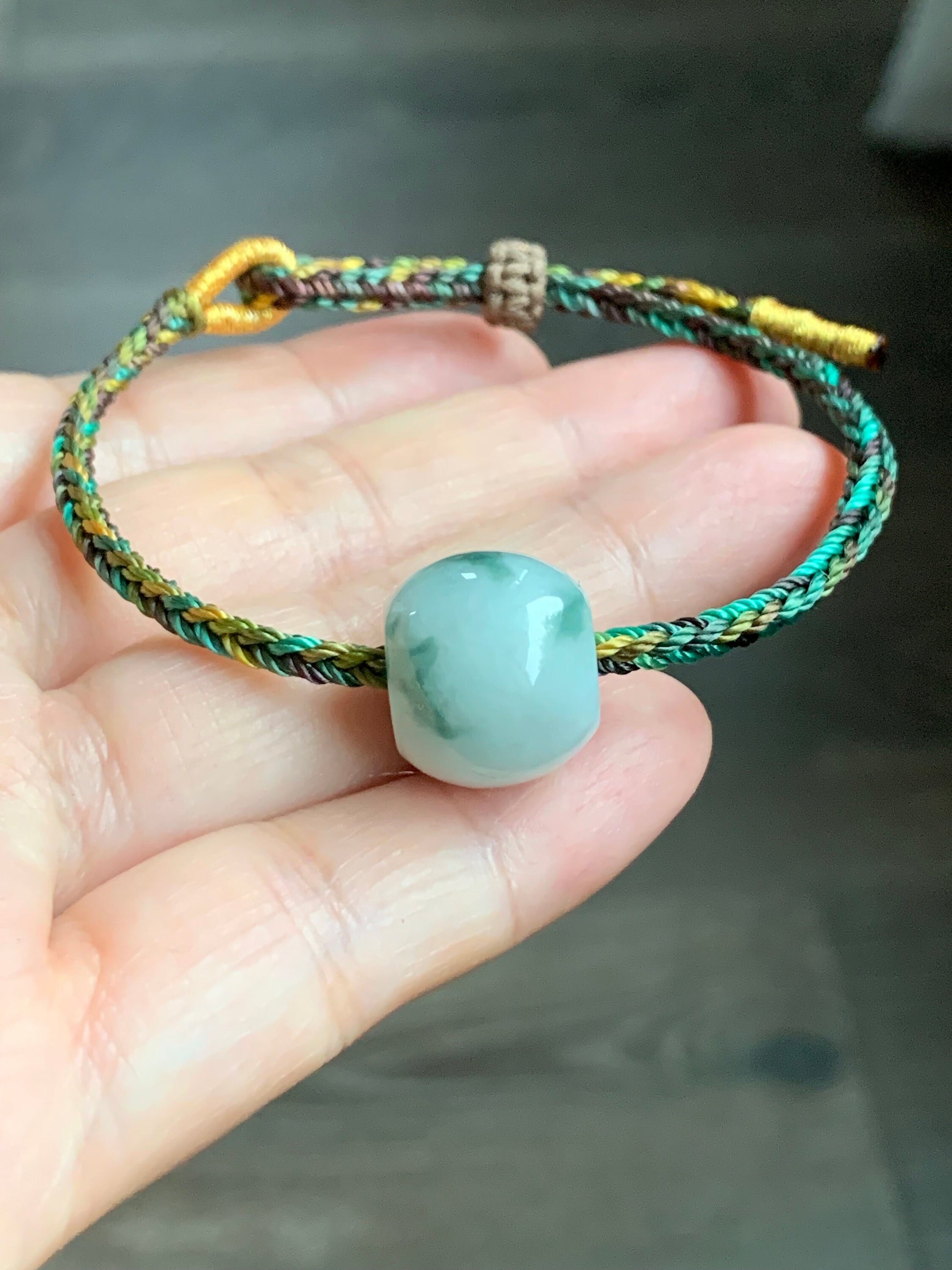 Natural Burmese Translucent White Jadeite w/ Green Marbling Large Drum Bead Rope Bracelet Adjustable 天然缅甸细糯飘花翡翠大鼓珠手绳