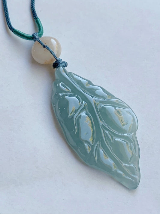 Natural Burmese Icy Translucent Gelatinous Sky Blue Jadeite Leaf Pendant Natural Peachy Jadeite Donut Rope Necklace 24" 天然缅甸冰胶天空蓝翡翠树叶吊坠