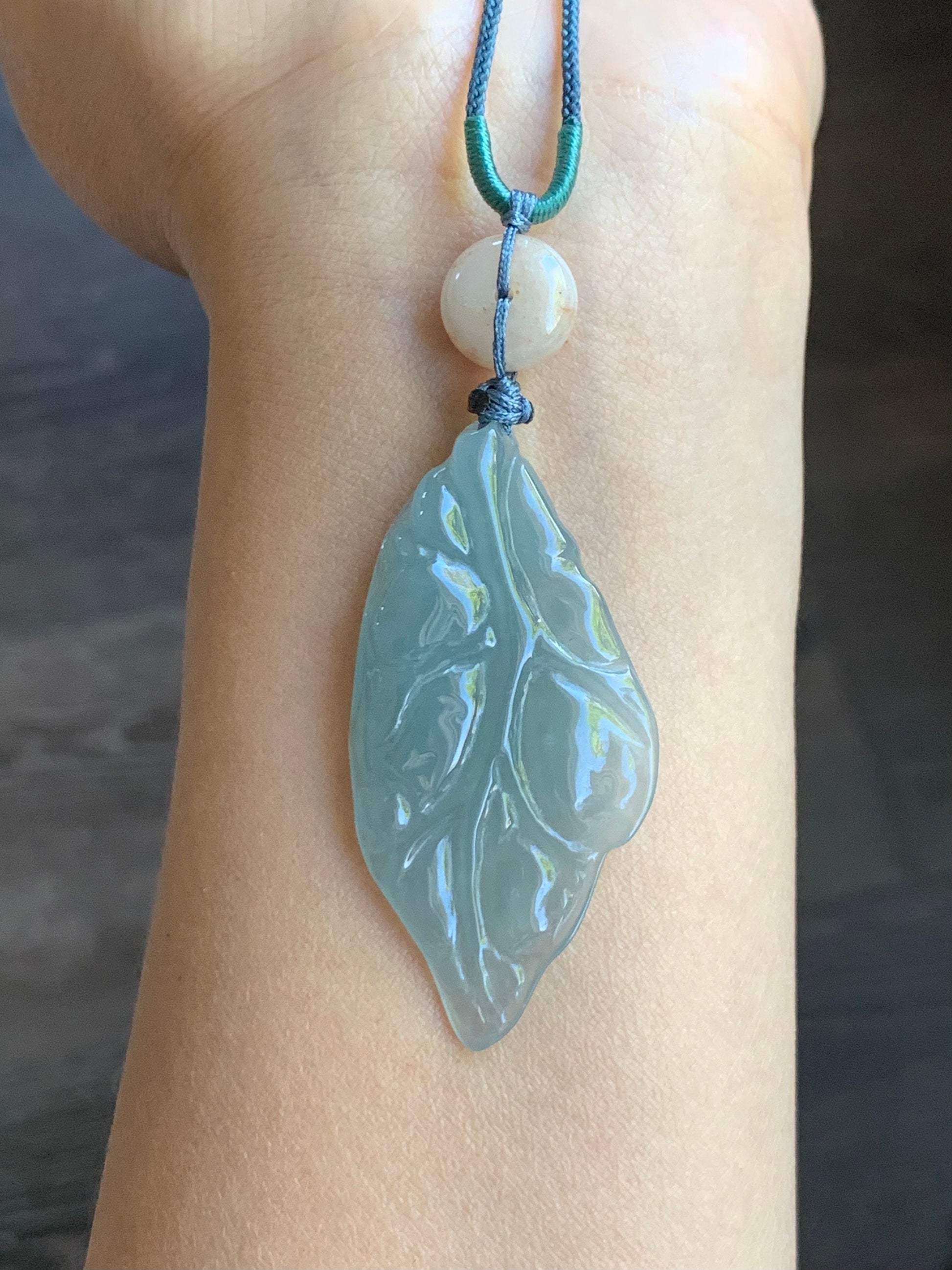 Natural Burmese Icy Translucent Gelatinous Sky Blue Jadeite Leaf Pendant Natural Peachy Jadeite Donut Rope Necklace 24" 天然缅甸冰胶天空蓝翡翠树叶吊坠