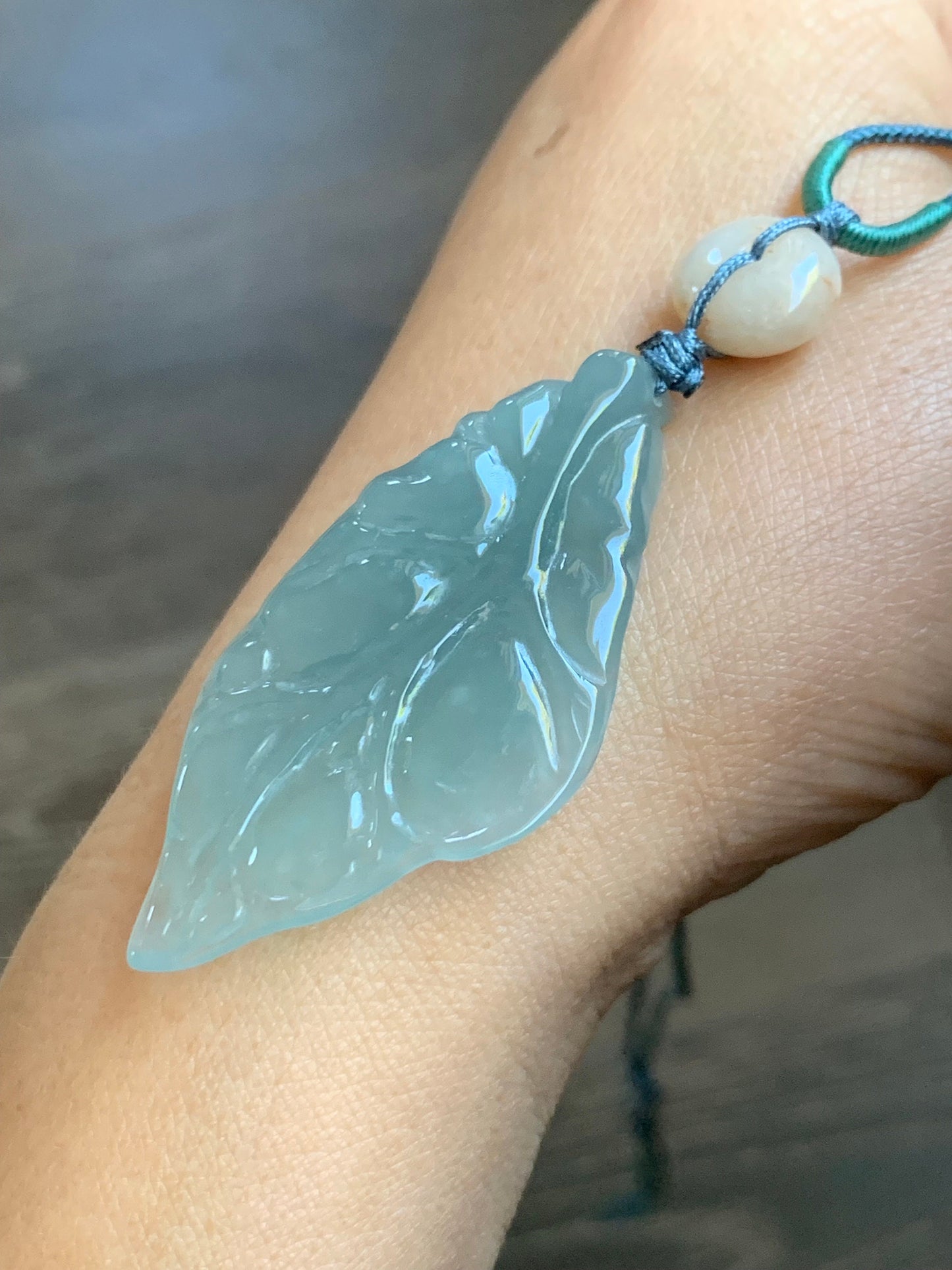 Natural Burmese Icy Translucent Gelatinous Sky Blue Jadeite Leaf Pendant Natural Peachy Jadeite Donut Rope Necklace 24" 天然缅甸冰胶天空蓝翡翠树叶吊坠