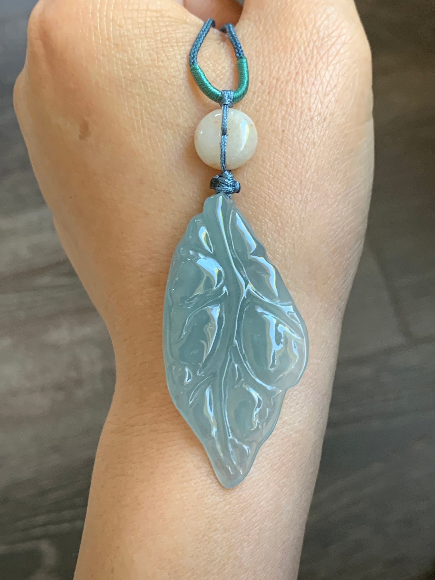 Natural Burmese Icy Translucent Gelatinous Sky Blue Jadeite Leaf Pendant Natural Peachy Jadeite Donut Rope Necklace 24" 天然缅甸冰胶天空蓝翡翠树叶吊坠