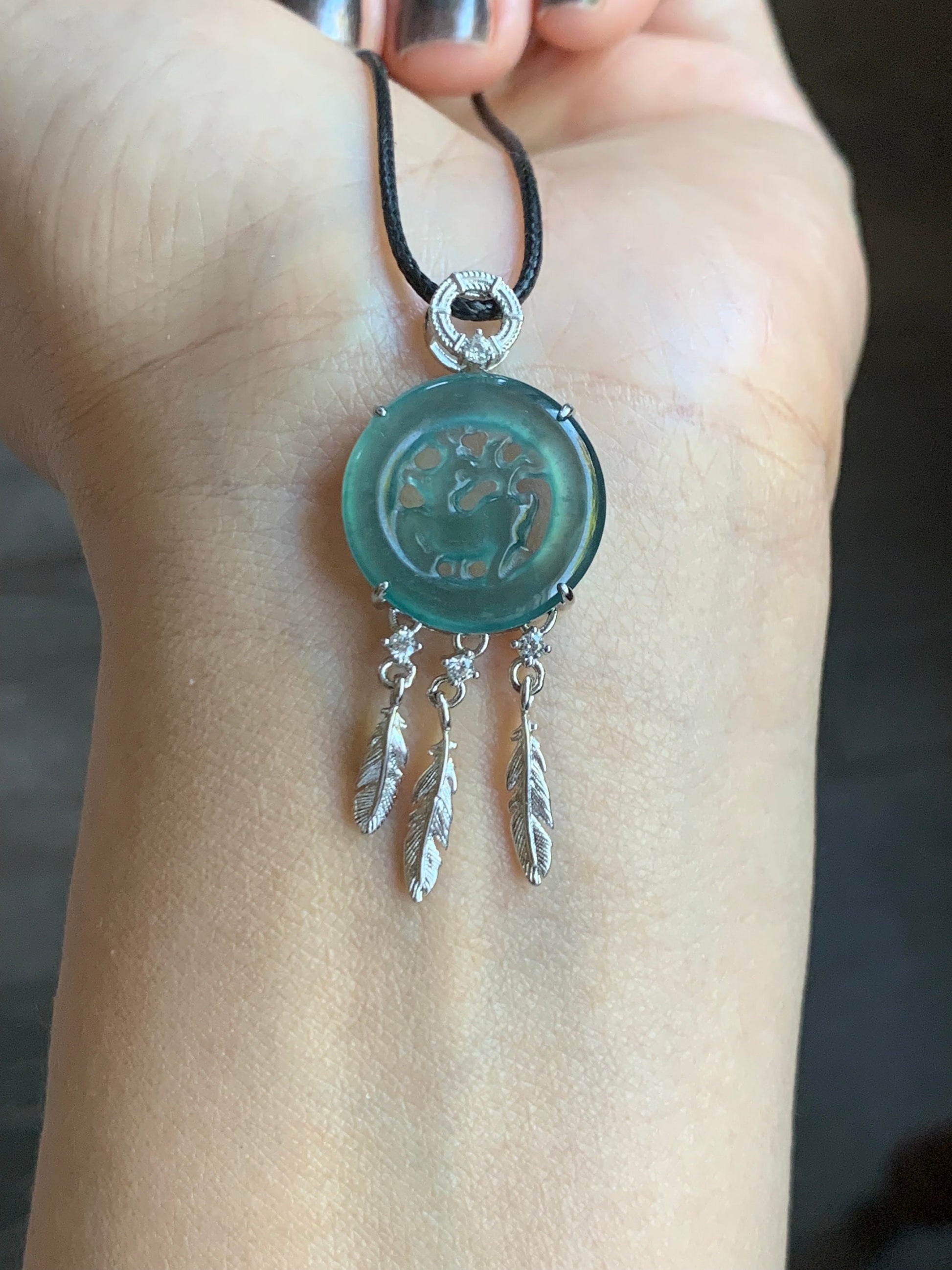 Natural Guatemalan Icy Translucent Teal Blue Jadeite Disc Pendant Carved w/ Deer Dream Catcher Design Sterling Silver 天然高冰危蓝水翡翠小鹿牌捕梦网银镶吊坠