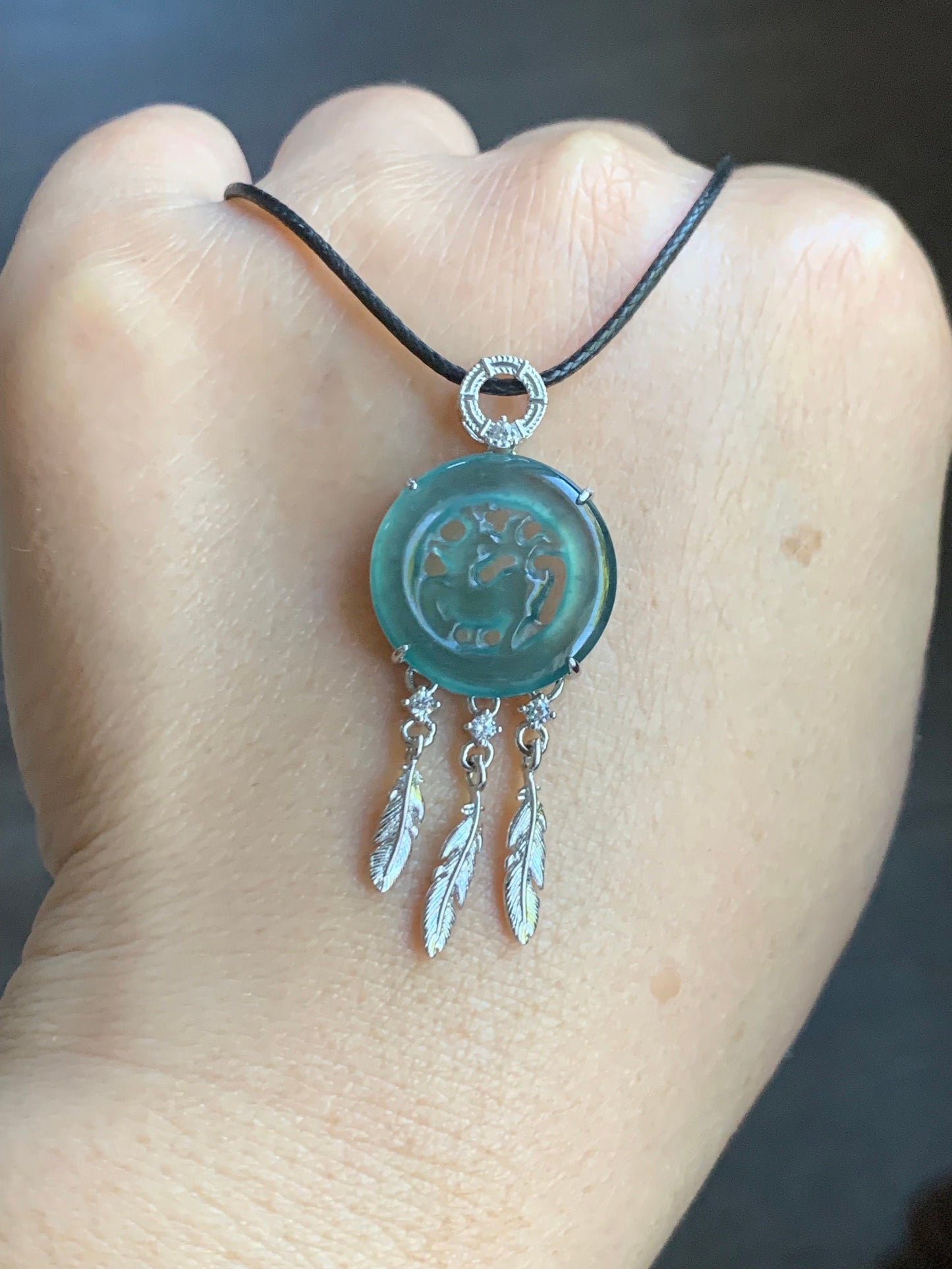 Natural Guatemalan Icy Translucent Teal Blue Jadeite Disc Pendant Carved w/ Deer Dream Catcher Design Sterling Silver 天然高冰危蓝水翡翠小鹿牌捕梦网银镶吊坠