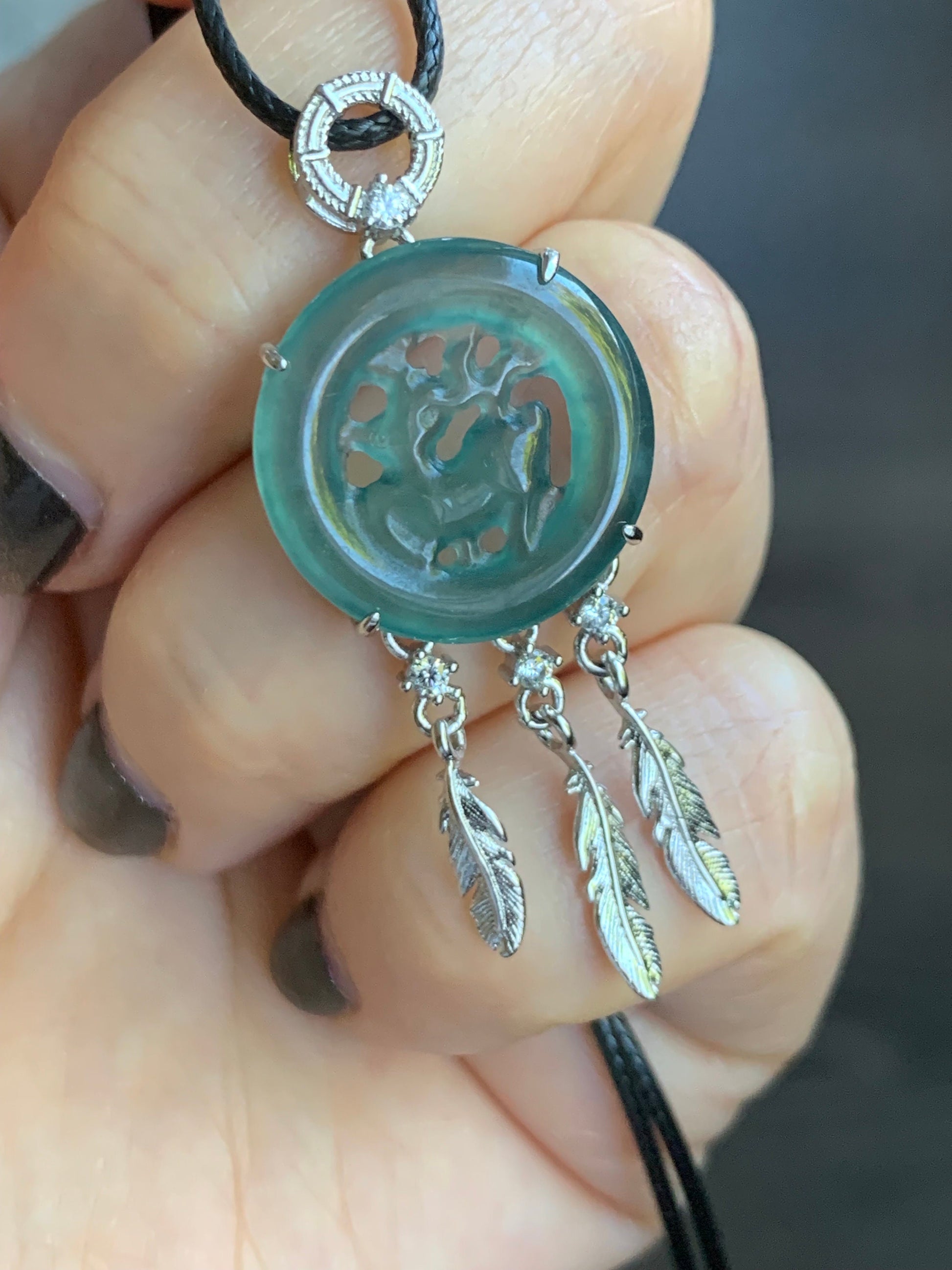 Natural Guatemalan Icy Translucent Teal Blue Jadeite Disc Pendant Carved w/ Deer Dream Catcher Design Sterling Silver 天然高冰危蓝水翡翠小鹿牌捕梦网银镶吊坠