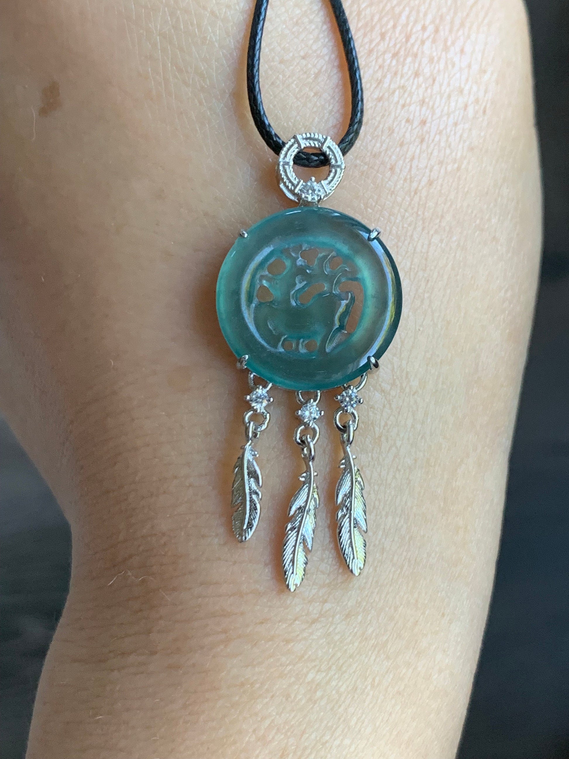 Natural Guatemalan Icy Translucent Teal Blue Jadeite Disc Pendant Carved w/ Deer Dream Catcher Design Sterling Silver 天然高冰危蓝水翡翠小鹿牌捕梦网银镶吊坠