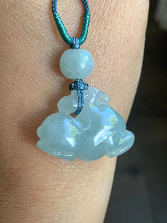 Stunning Natural Burmese Grade A Icy Translucent Gelatinous Sky Blue Jadeite Pendant Carved Tang Horse Rope Necklace 天然缅甸冰胶天空蓝翡翠唐马挂件