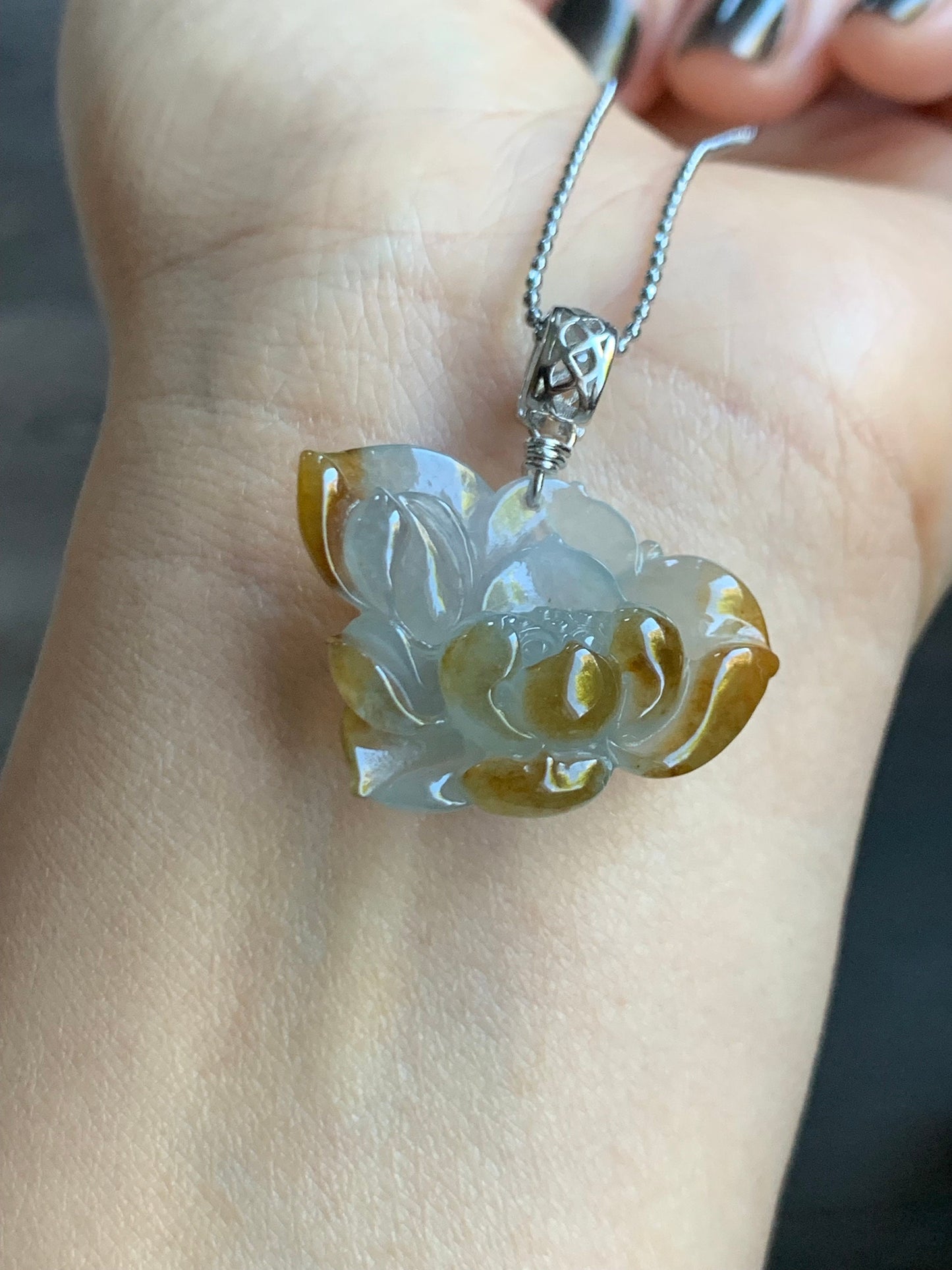 Stunning Natural Burmese Icy Highly Translucent Light Blue & Rich Yellow Bicolored Jadeite Carved Lotus Flower Pendant 天然缅甸冰蓝加黄特色翡翠一品清莲吊坠