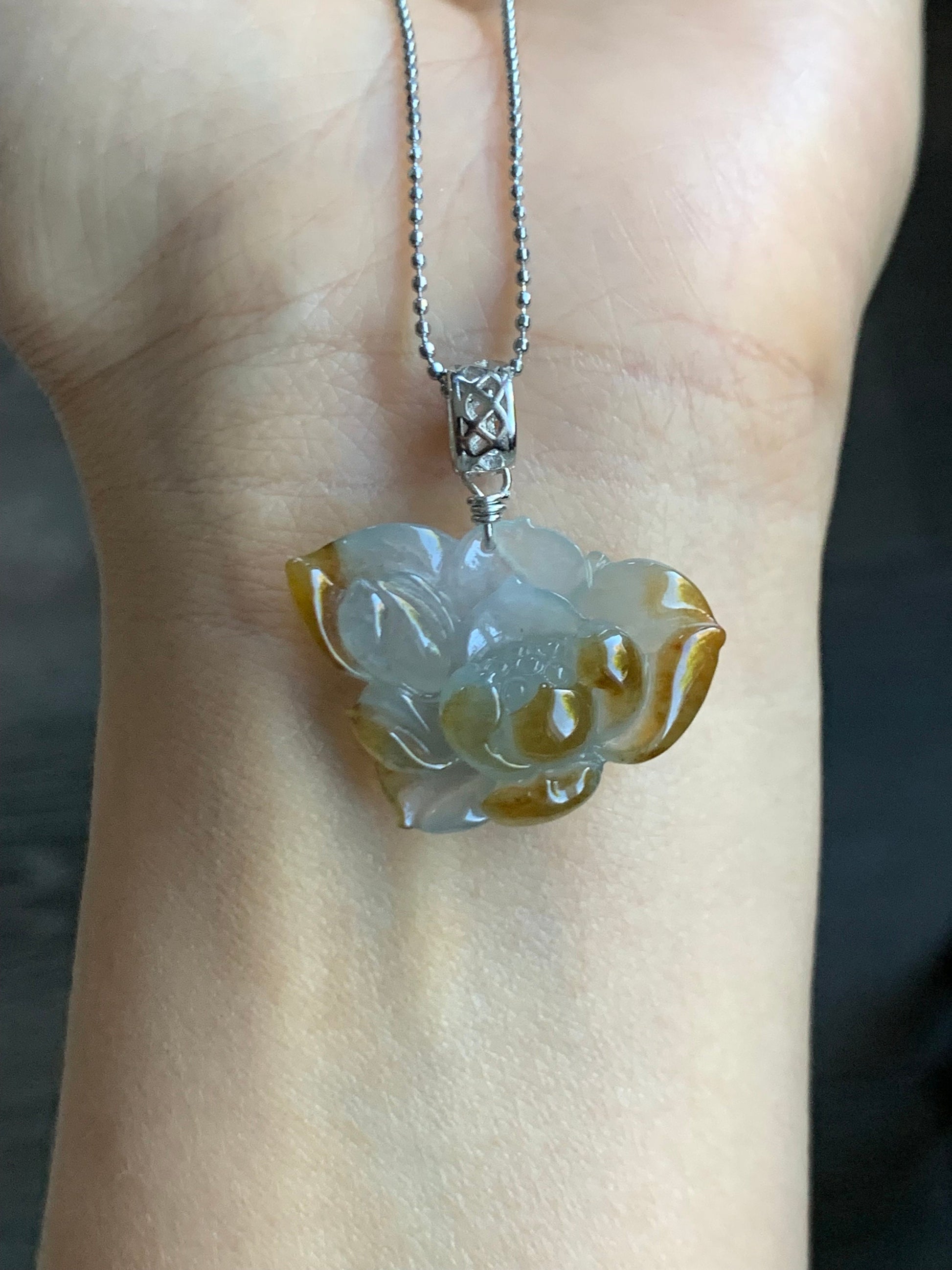 Stunning Natural Burmese Icy Highly Translucent Light Blue & Rich Yellow Bicolored Jadeite Carved Lotus Flower Pendant 天然缅甸冰蓝加黄特色翡翠一品清莲吊坠