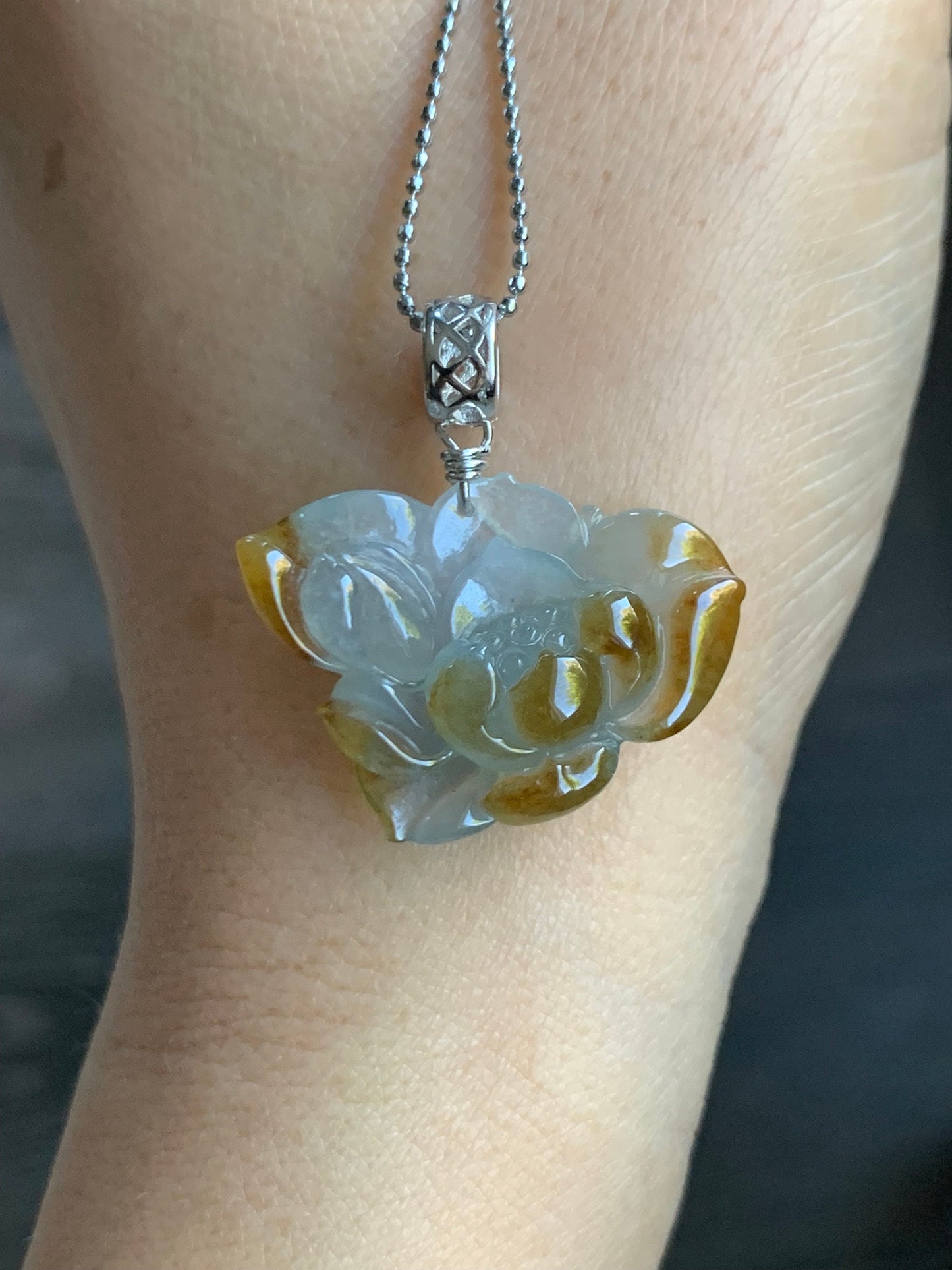 Stunning Natural Burmese Icy Highly Translucent Light Blue & Rich Yellow Bicolored Jadeite Carved Lotus Flower Pendant 天然缅甸冰蓝加黄特色翡翠一品清莲吊坠