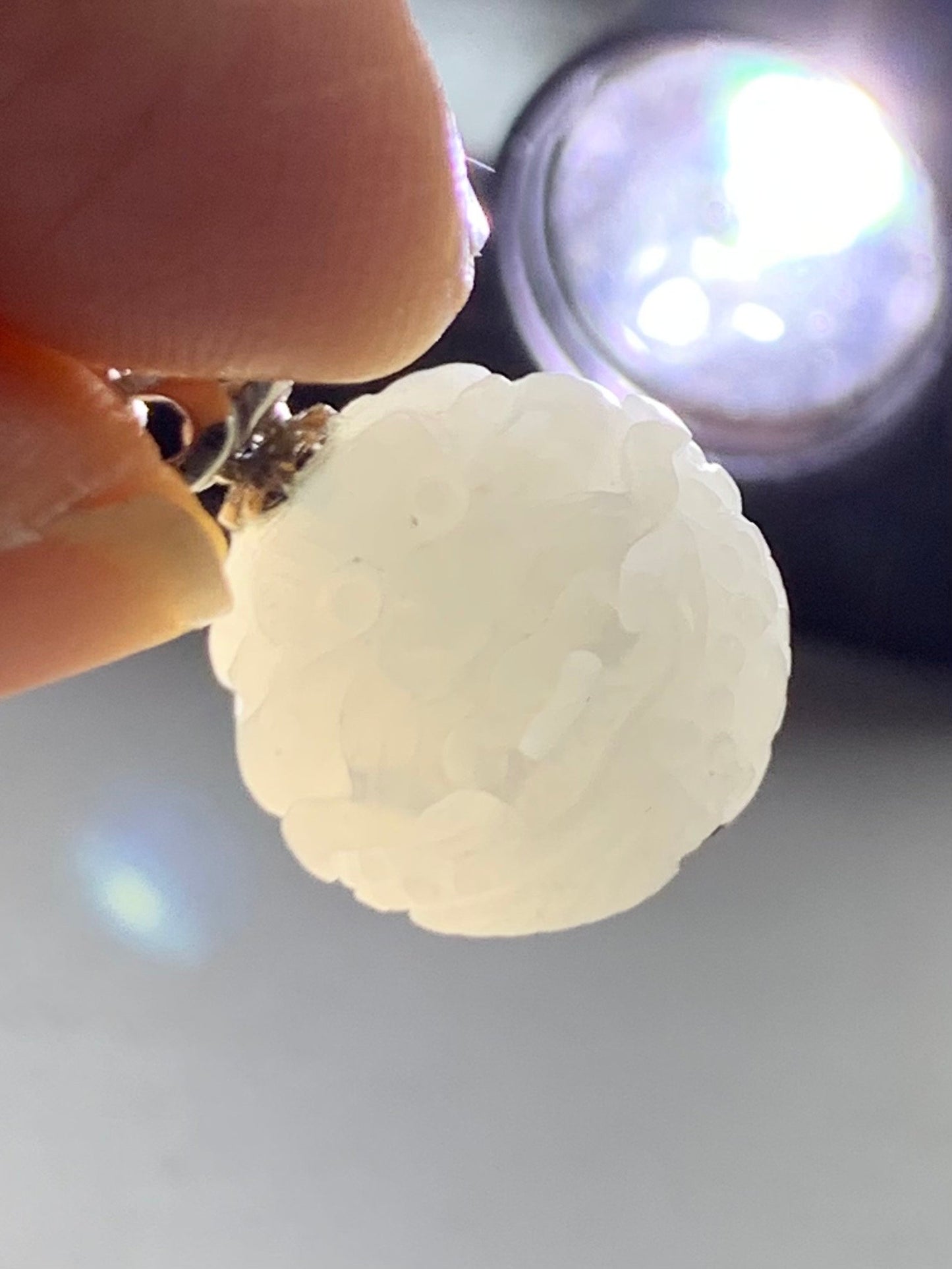 Certified Natural Burmese Icy Translucent Gelatinous White Jadeite Carved Dragon Ball Sphere Pendant 18K White Gold 天然缅甸冰胶白冰翡翠龙珠镶嵌吊坠 3761