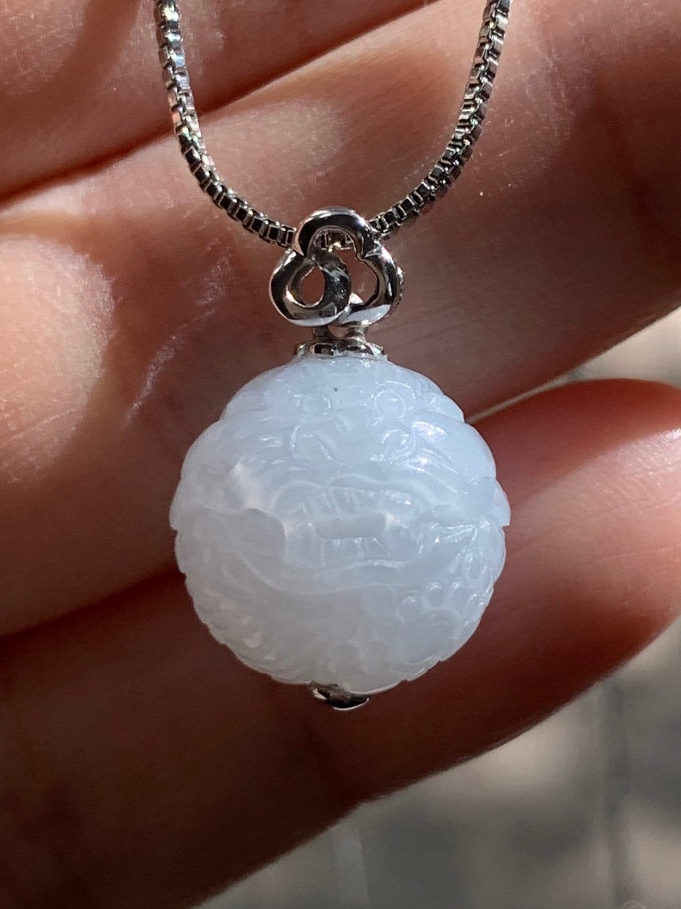 Certified Natural Burmese Icy Translucent Gelatinous White Jadeite Carved Dragon Ball Sphere Pendant 18K White Gold 天然缅甸冰胶白冰翡翠龙珠镶嵌吊坠 3761