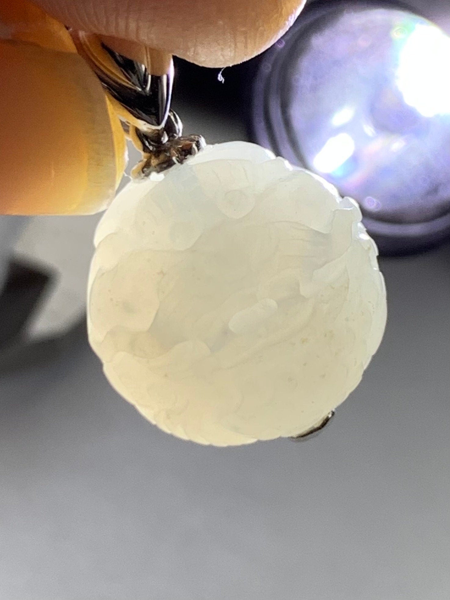 Certified Natural Burmese Icy Translucent Gelatinous White Jadeite Carved Dragon Ball Sphere Pendant 18K White Gold 天然缅甸冰胶白冰翡翠龙珠镶嵌吊坠 3762