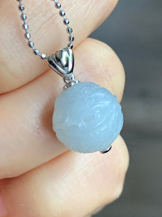 Certified Natural Burmese Icy Translucent Gelatinous White Jadeite Carved Dragon Ball Sphere Pendant 18K White Gold 天然缅甸冰胶白冰翡翠龙珠镶嵌吊坠 3762