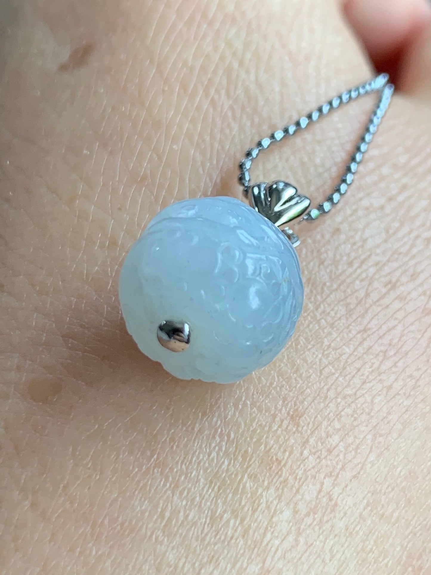 Certified Natural Burmese Icy Translucent Gelatinous White Jadeite Carved Dragon Ball Sphere Pendant 18K White Gold 天然缅甸冰胶白冰翡翠龙珠镶嵌吊坠 3762