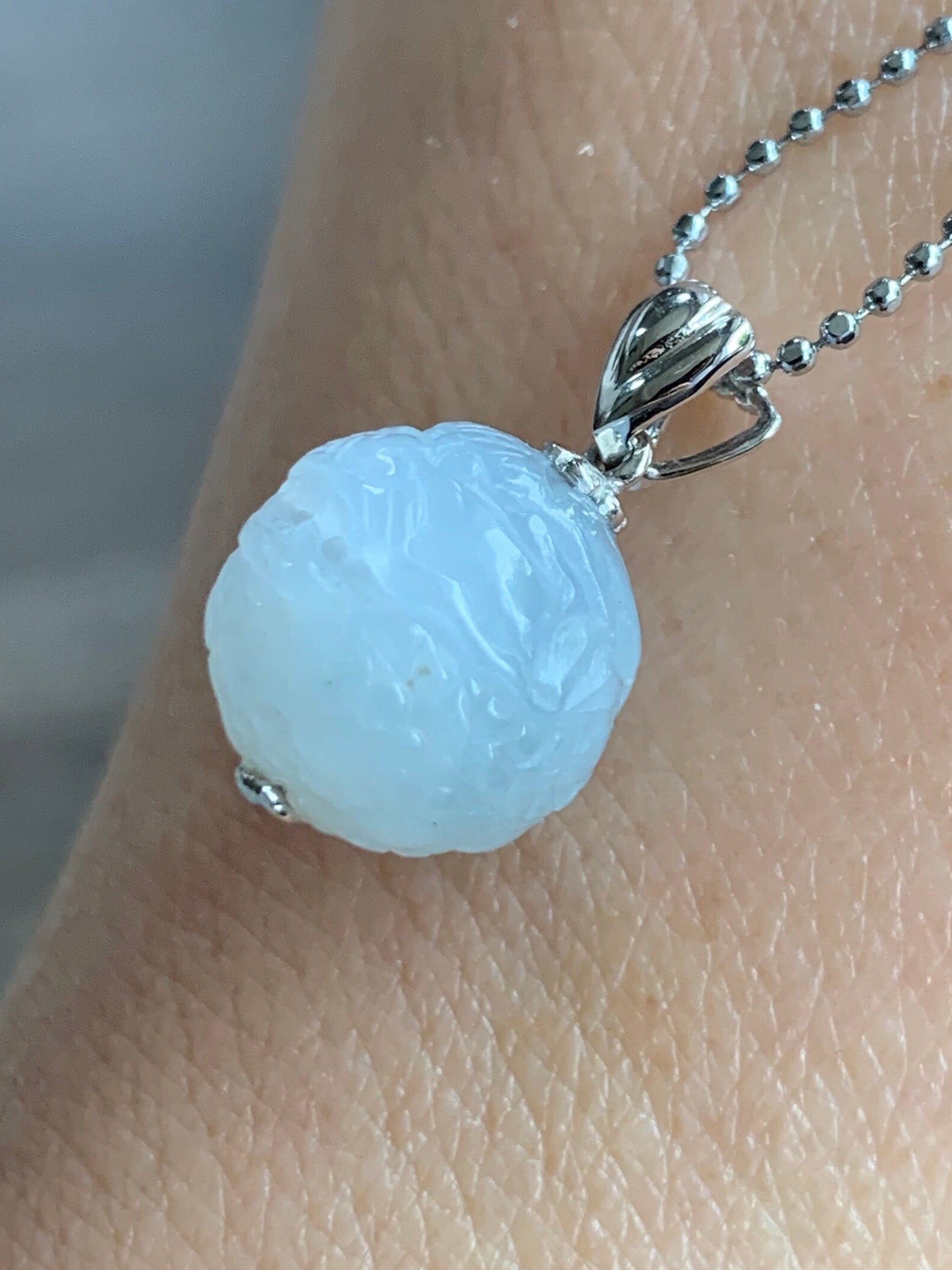 Certified Natural Burmese Icy Translucent Gelatinous White Jadeite Carved Dragon Ball Sphere Pendant 18K White Gold 天然缅甸冰胶白冰翡翠龙珠镶嵌吊坠 3762