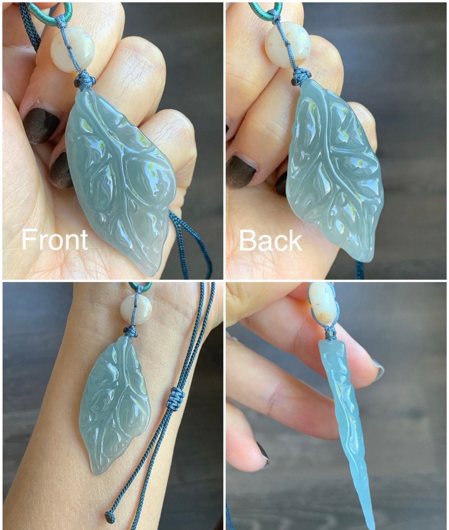 Natural Burmese Icy Translucent Gelatinous Sky Blue Jadeite Leaf Pendant Natural Peachy Jadeite Donut Rope Necklace 24" 天然缅甸冰胶天空蓝翡翠树叶吊坠