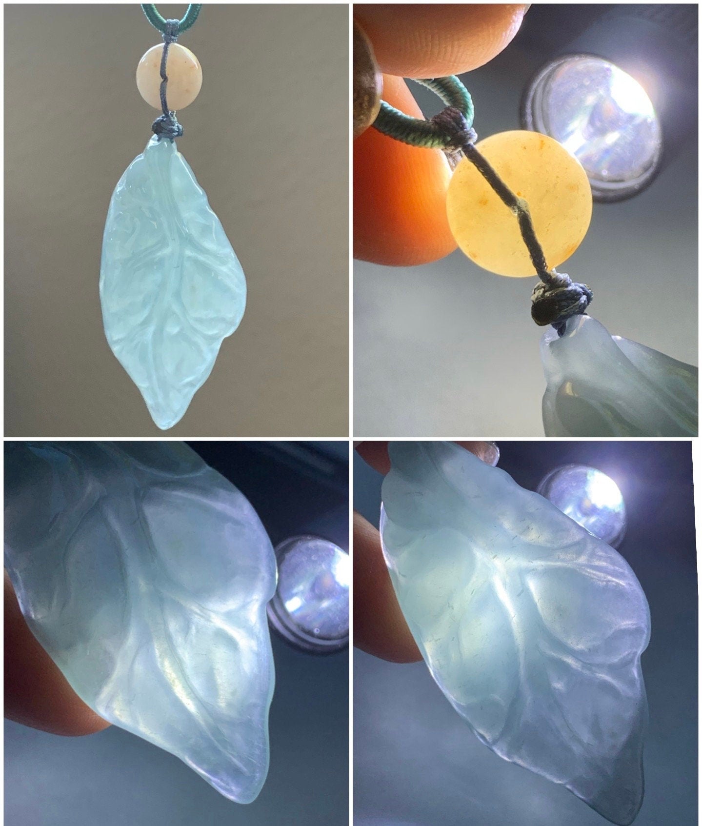 Natural Burmese Icy Translucent Gelatinous Sky Blue Jadeite Leaf Pendant Natural Peachy Jadeite Donut Rope Necklace 24" 天然缅甸冰胶天空蓝翡翠树叶吊坠